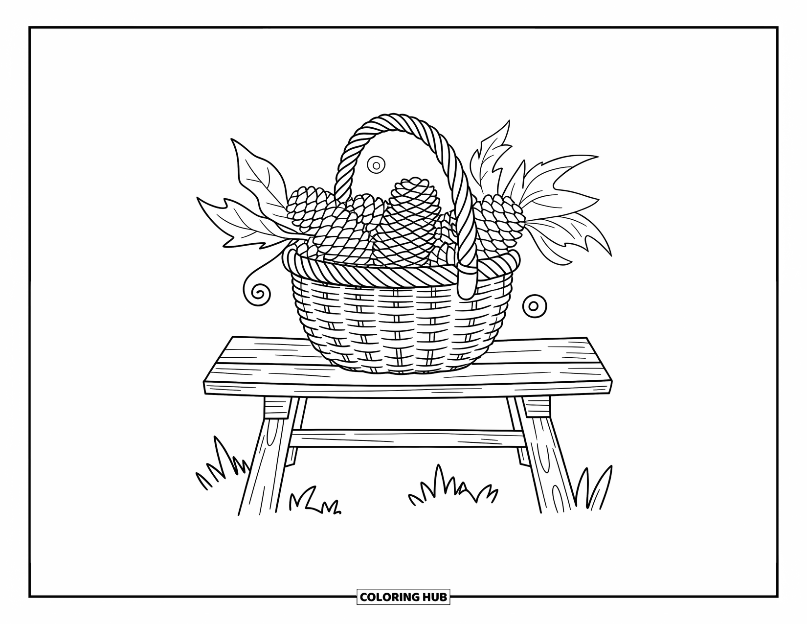 Coloriage d'automne pour enfants : Un panier rempli de pommes de pin et de feuilles séchées reposant sur un banc en bois