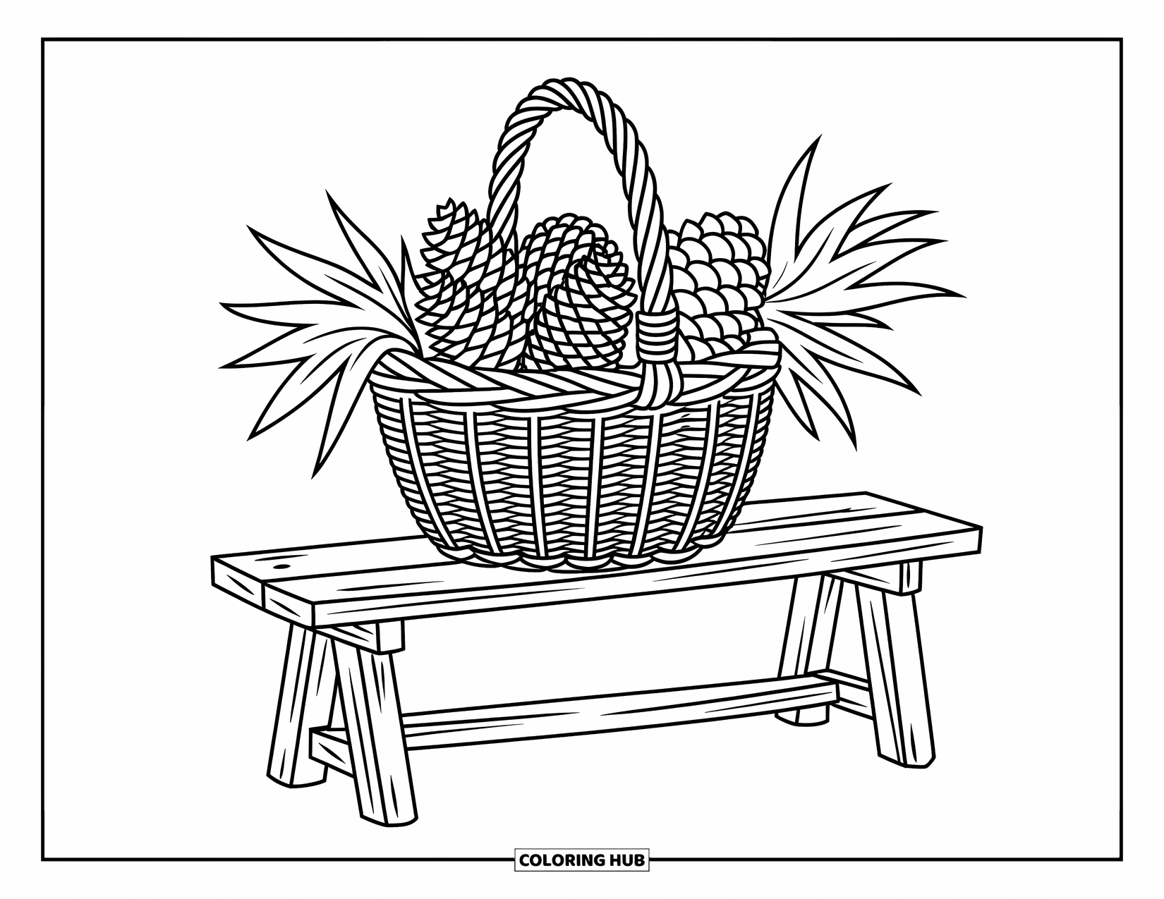 Coloriage d'automne pour enfants : Un panier de pommes de pin et de feuilles séchées placé sur un banc en bois avec des détails ludiques