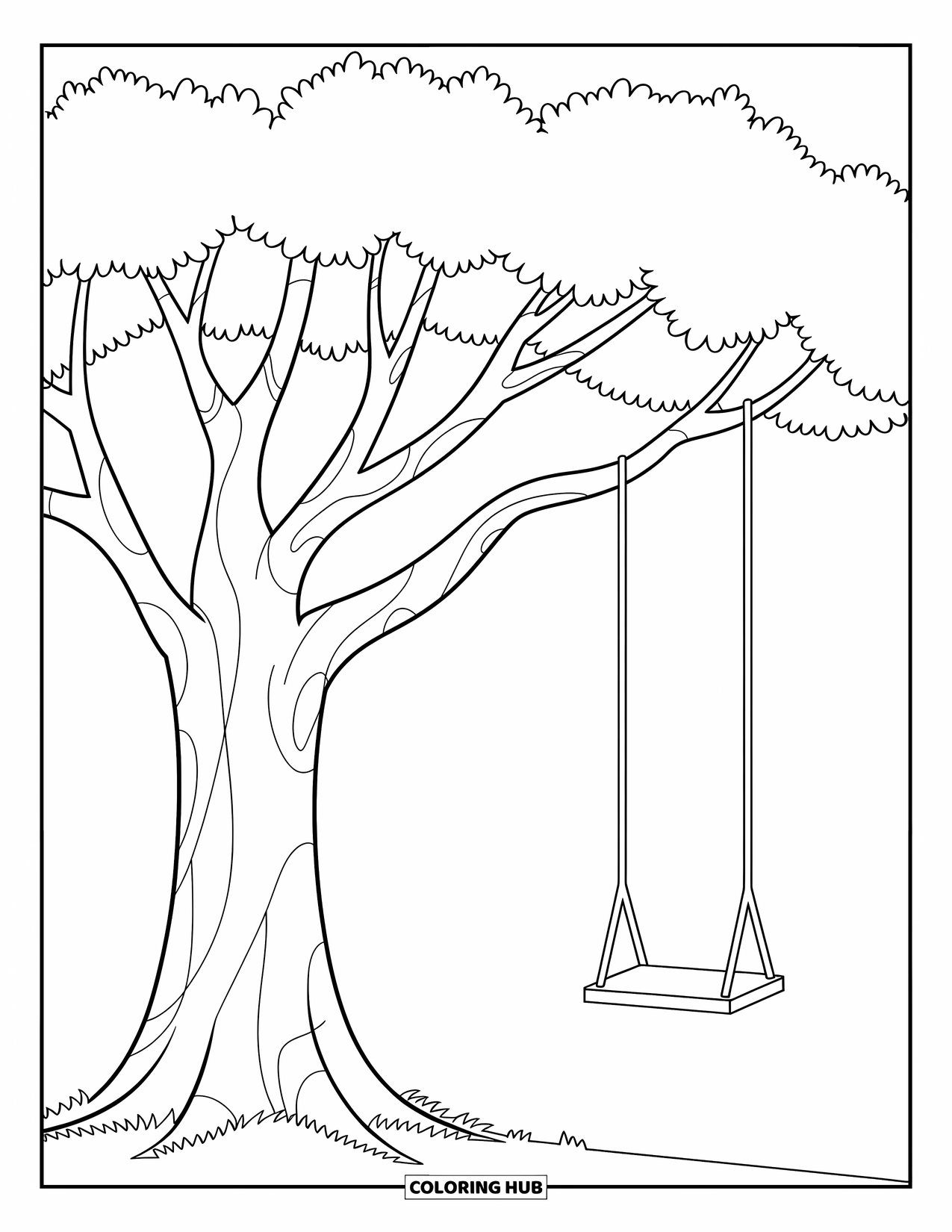 Coloriage d'automne pour enfants : Un grand arbre avec une balançoire prête pour des aventures amusantes
