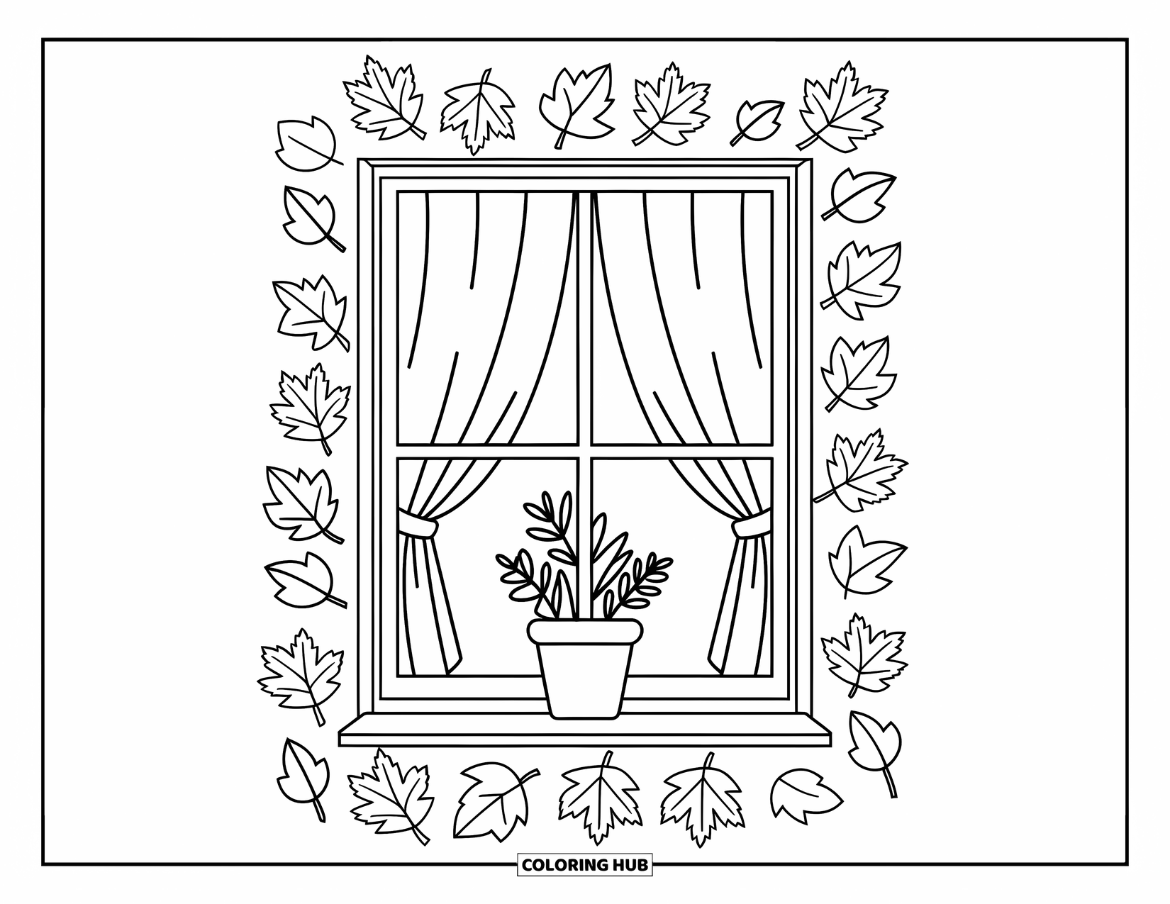 Coloriage d'automne pour enfants : Une fenêtre charmante avec un rideau légèrement ouvert et une plante en pot qui apparaît
