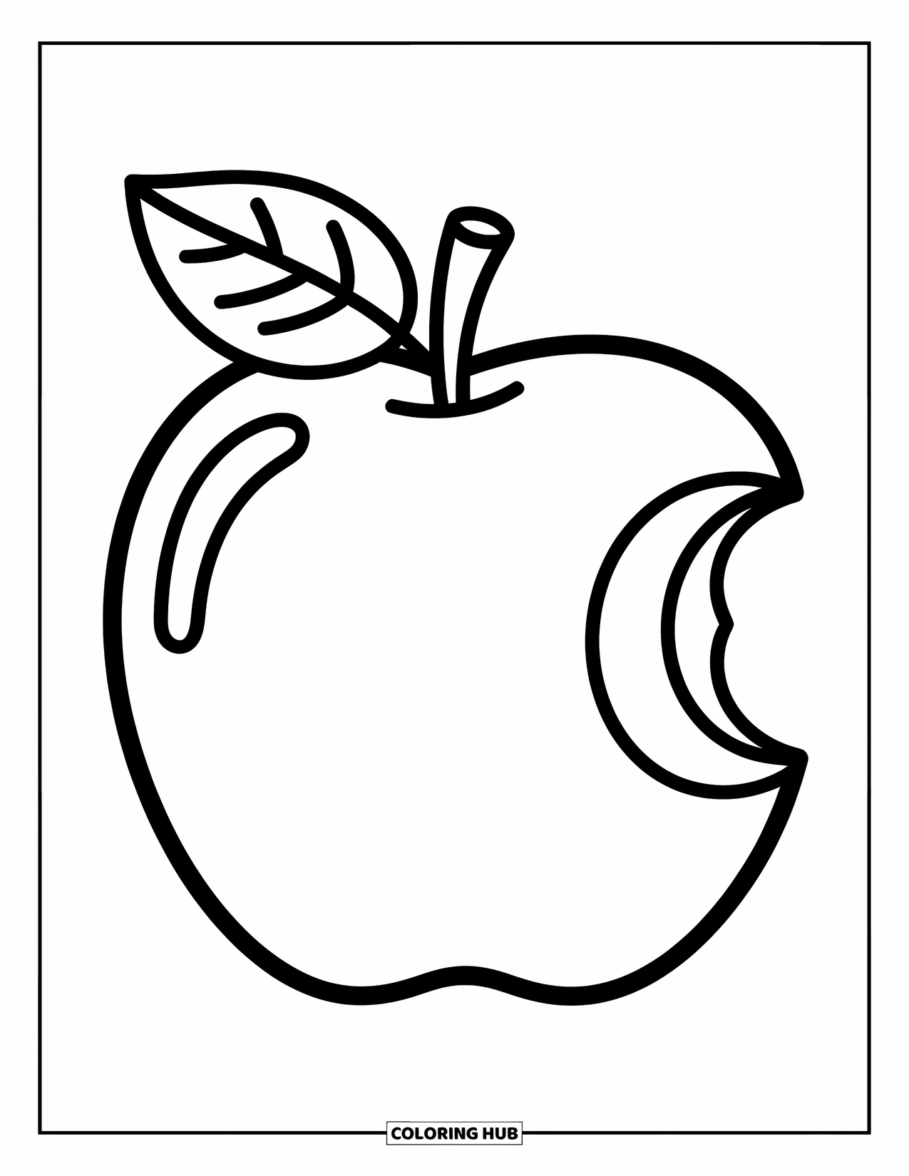 Coloriage d'automne pour enfants : Une pomme joyeuse avec une bouchée et une petite feuille sur le dessus