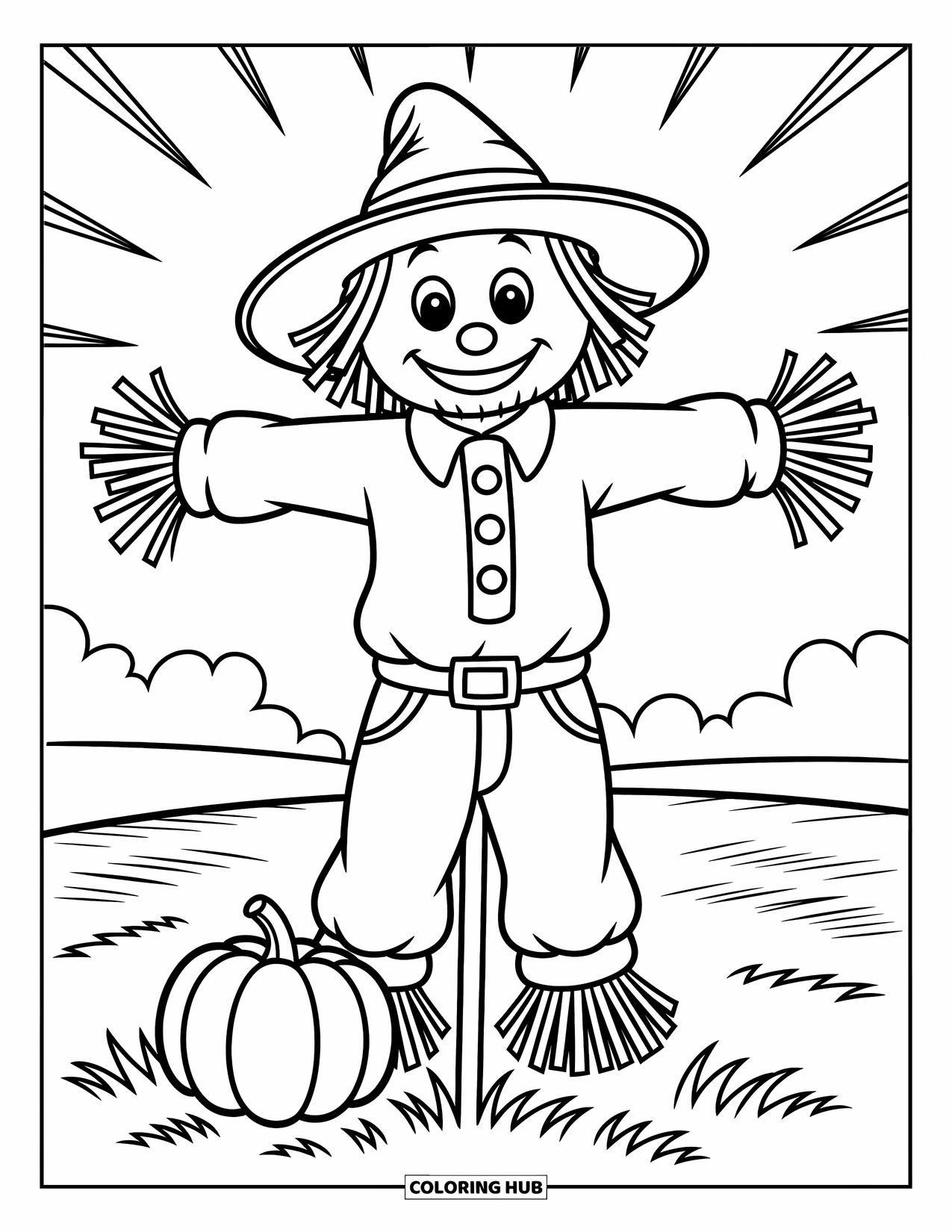 Coloriage d'automne pour enfants : Un épouvantail joyeux avec un chapeau à larges bords et une petite citrouille à proximité