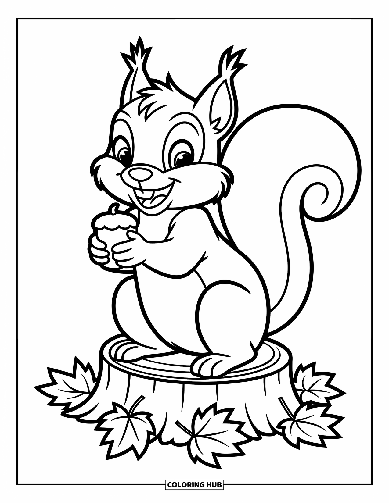 Coloriage d'automne pour enfants : Un écureuil joyeux serre un gland, assis parmi des feuilles éparses