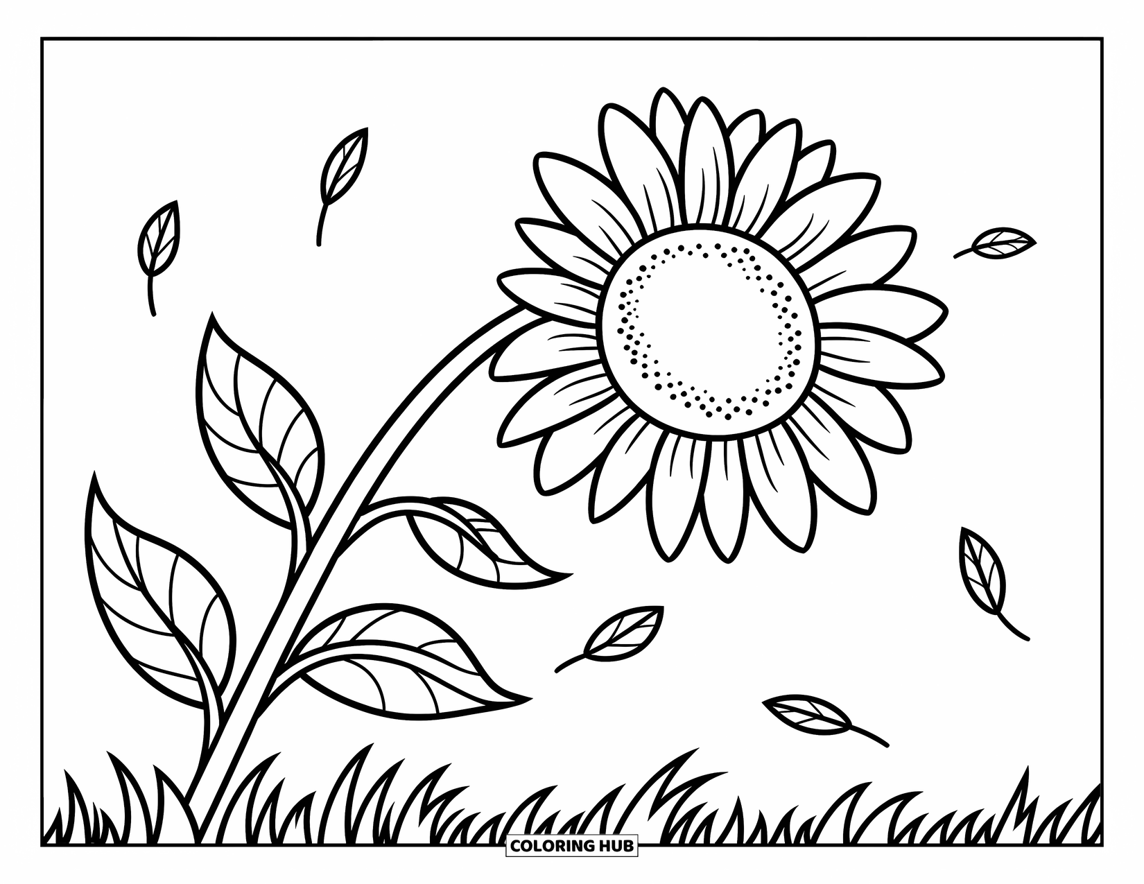 Coloriage d'automne pour enfants : Un tournesol joyeux avec de larges pétales et de douces feuilles tombantes