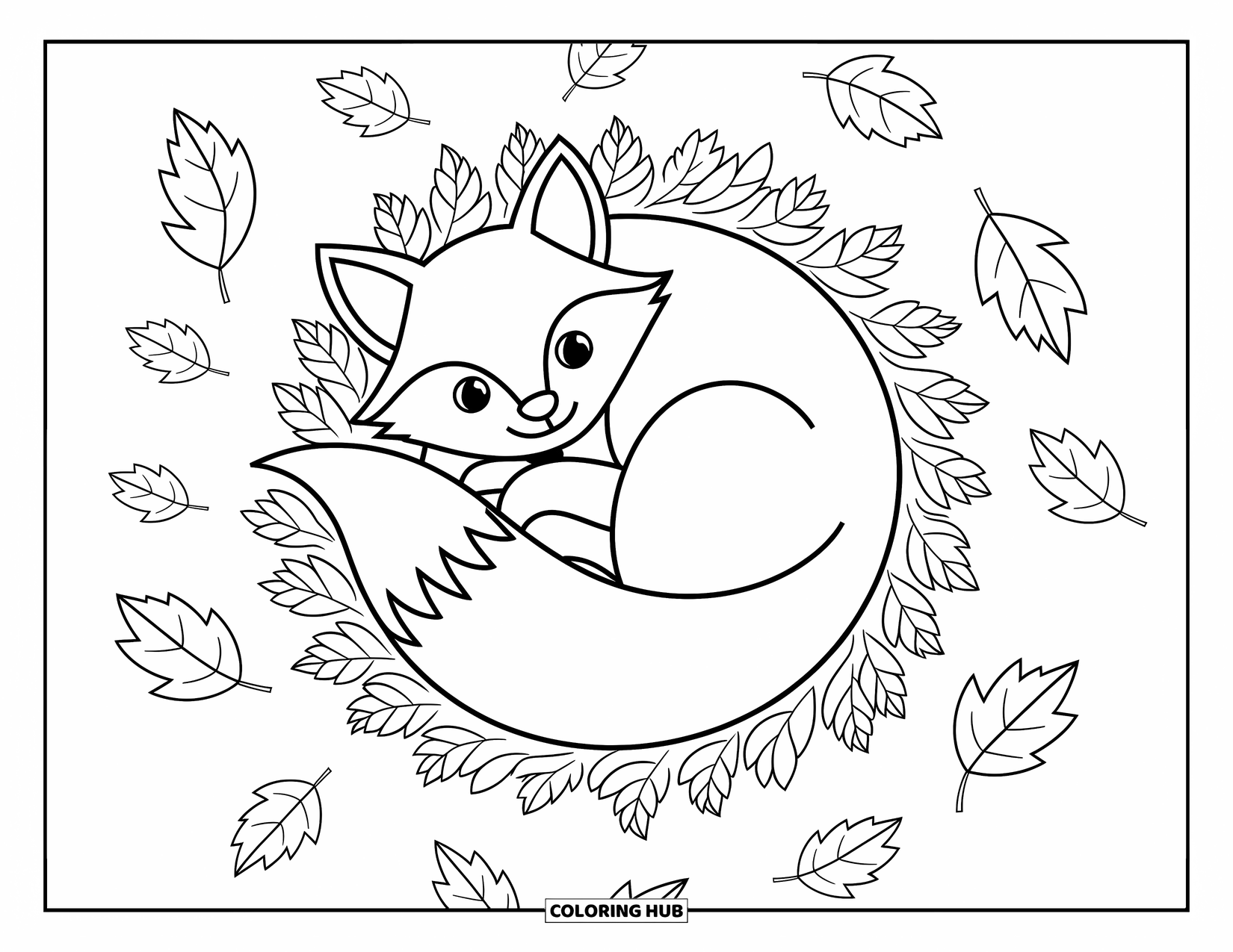 Coloriage d'automne pour enfants : Un renard potelé se recroqueville dans un nid de feuilles douces
