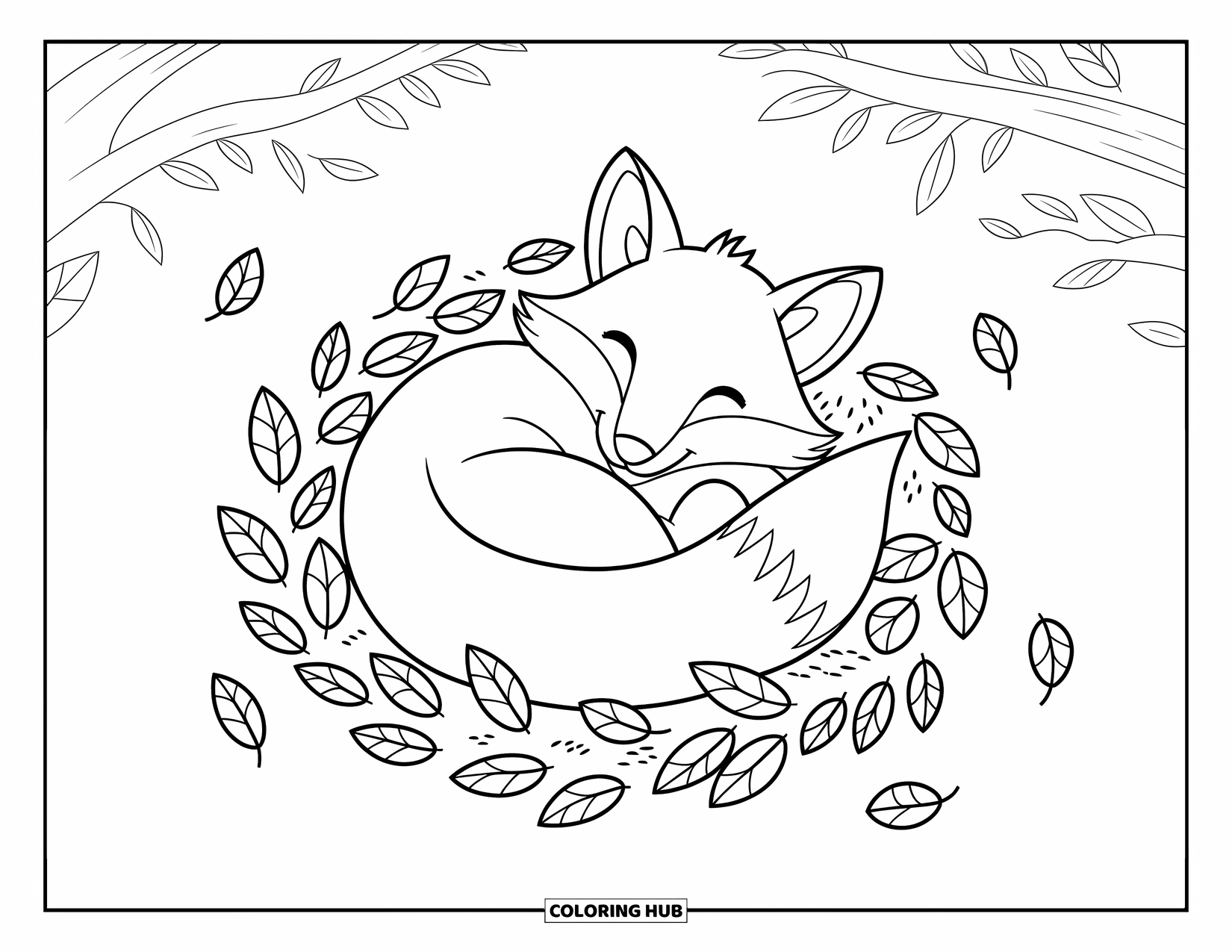 Coloriage d'automne pour enfants : Un renard potelé se repose confortablement dans des feuilles douillettes avec des pommes de pin à proximité