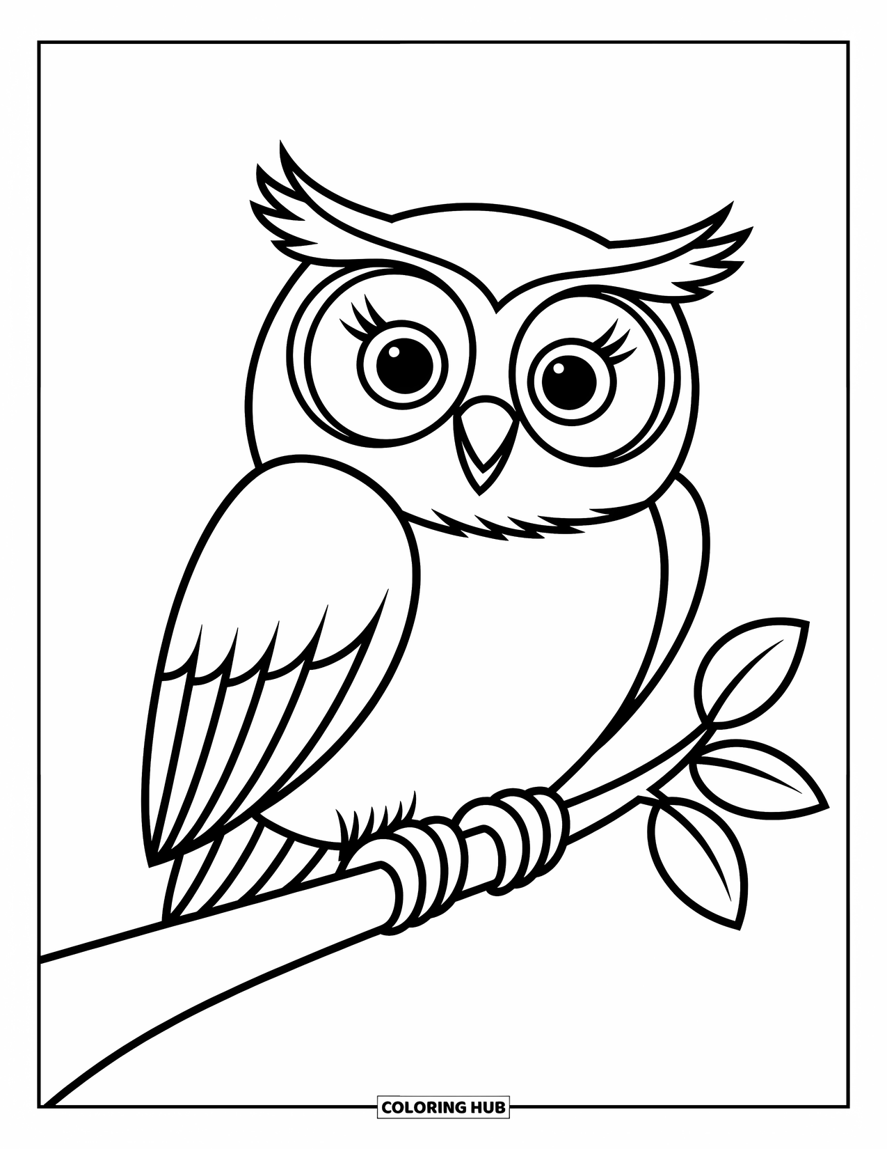 Coloriage d'automne pour enfants : Un hibou potelé avec de grands yeux perché sur une branche avec une feuille à proximité