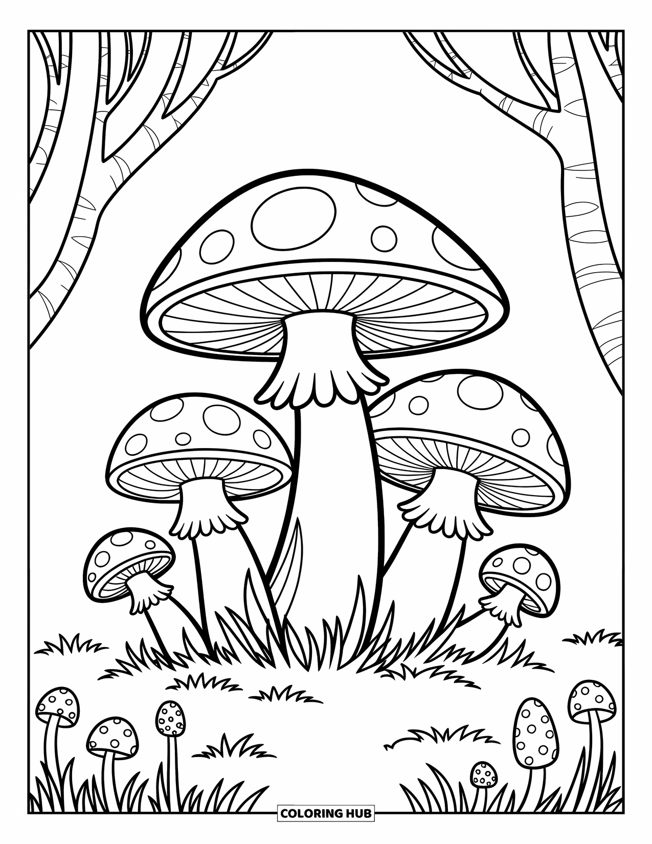 Coloriage d'automne pour enfants : Un groupe de champignons avec des motifs amusants dans une clairière ensoleillée