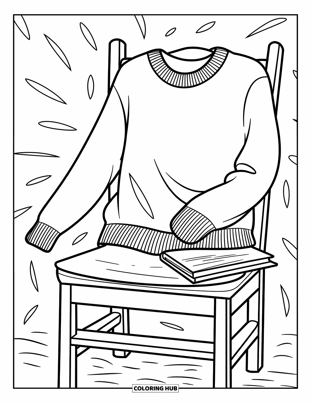 Coloriage d'automne pour enfants : Une chaise confortable avec un pull drapé dessus et un livre posé sur le siège