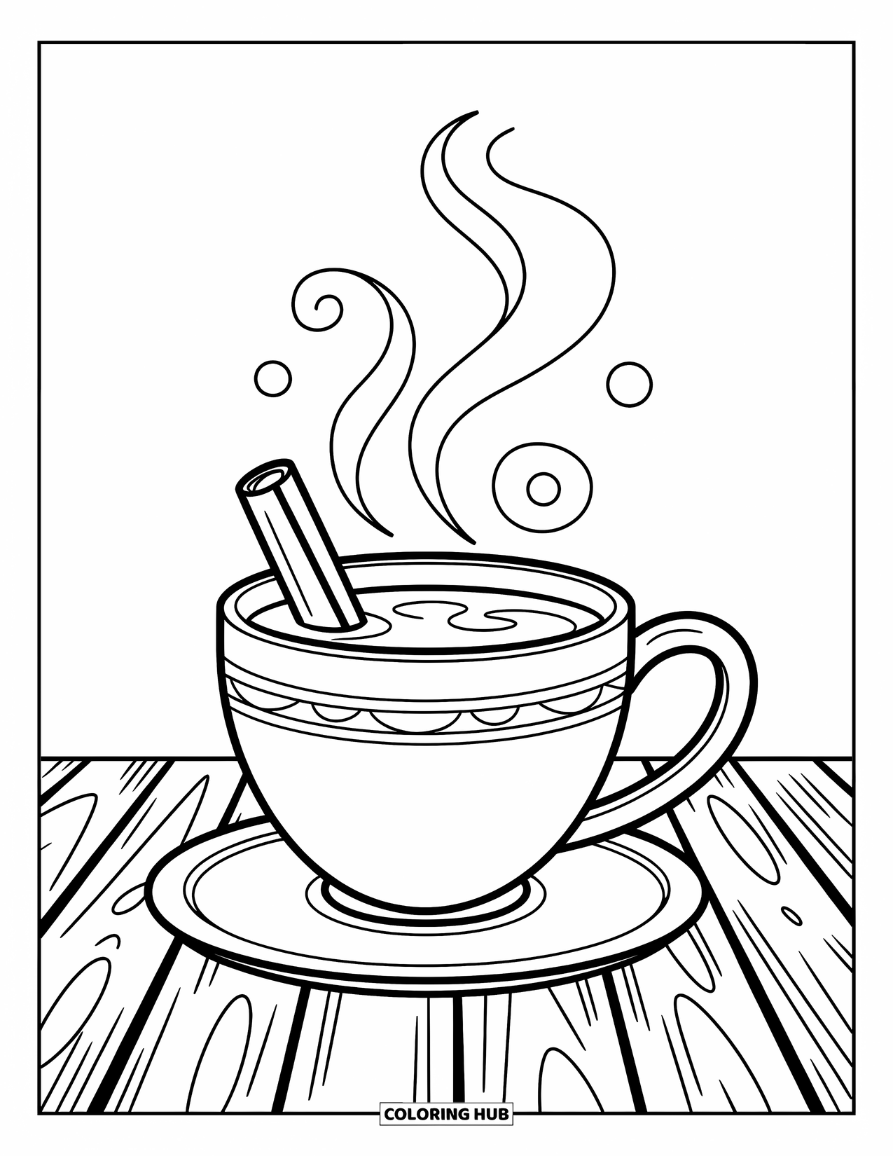 Coloriage d'automne pour enfants : Une tasse de cidre douillette avec de la vapeur tourbillonnante et des glands éparpillés à proximité