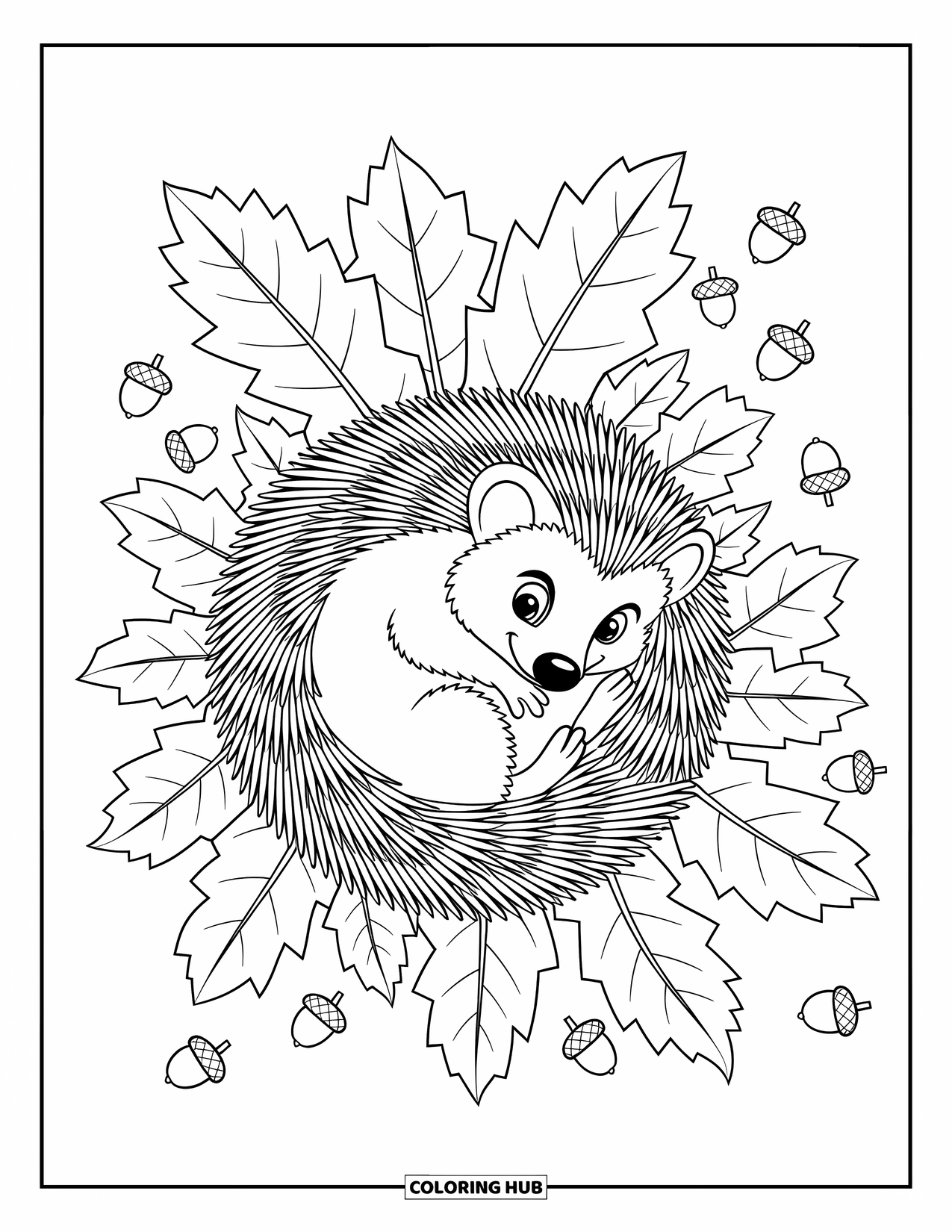 Coloriage d'automne pour enfants : Un hérisson douillet niché dans des feuilles entouré de glands éparpillés
