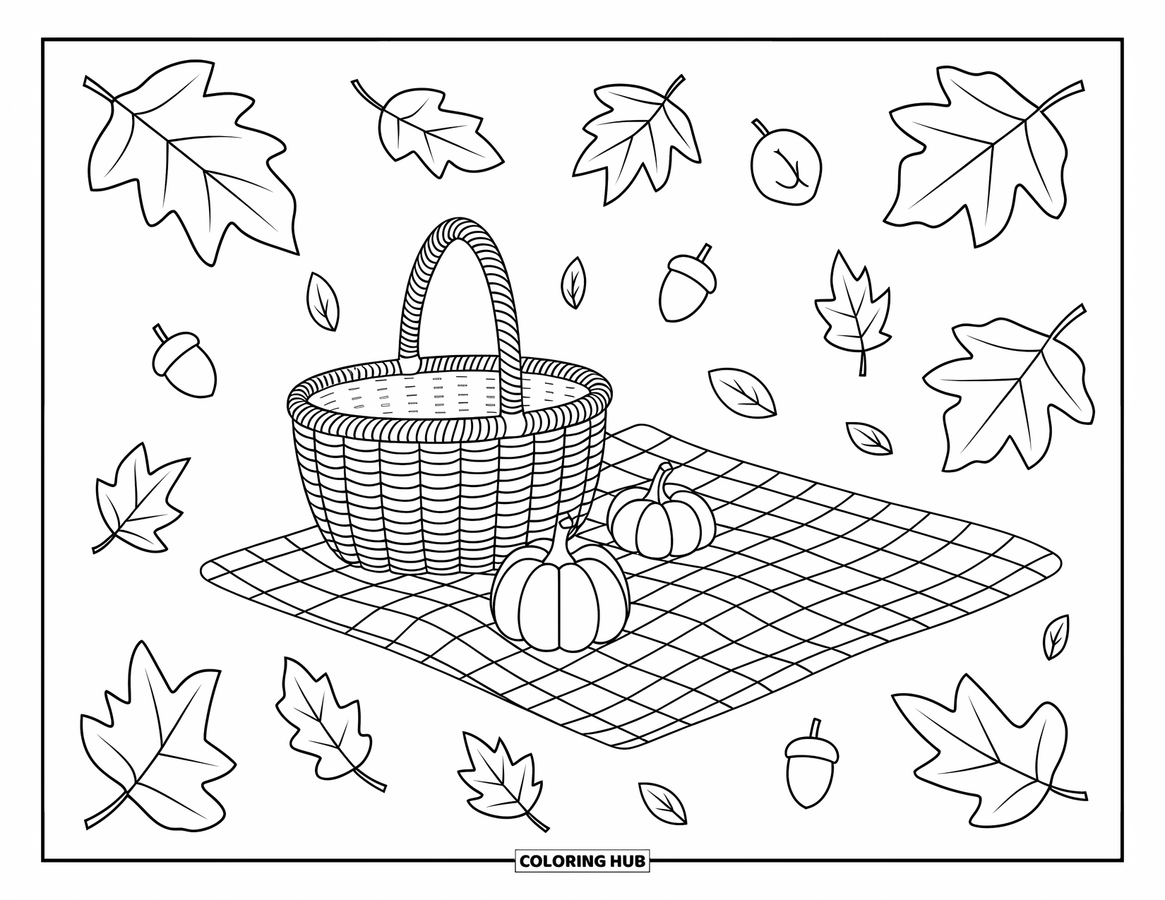 Coloriage d'automne pour enfants : Une scène de pique-nique douillette avec un panier, une couverture, des feuilles et de petites citrouilles