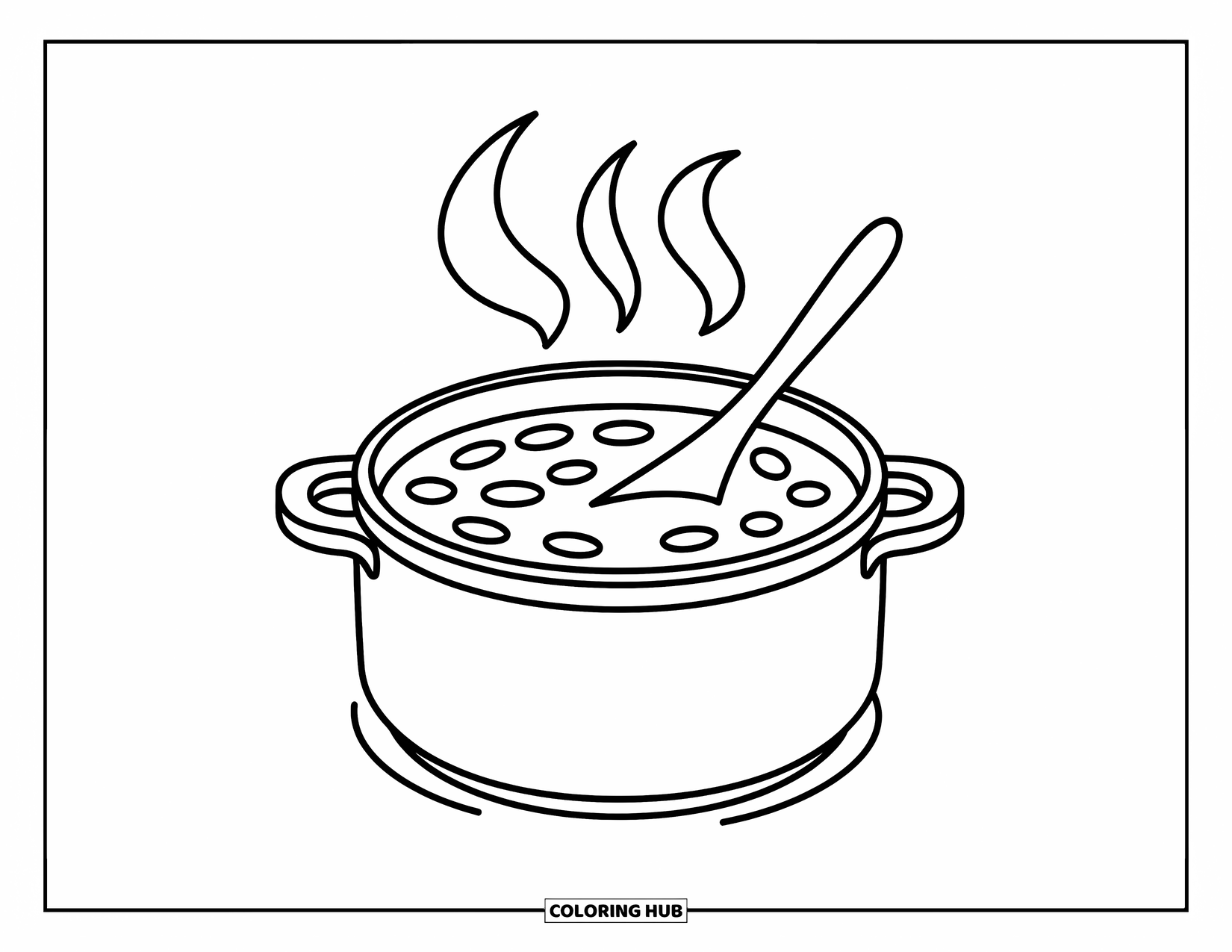 Coloriage d'automne pour enfants : Une marmite de soupe confortable avec de la vapeur tourbillonnante et une cuillère à proximité