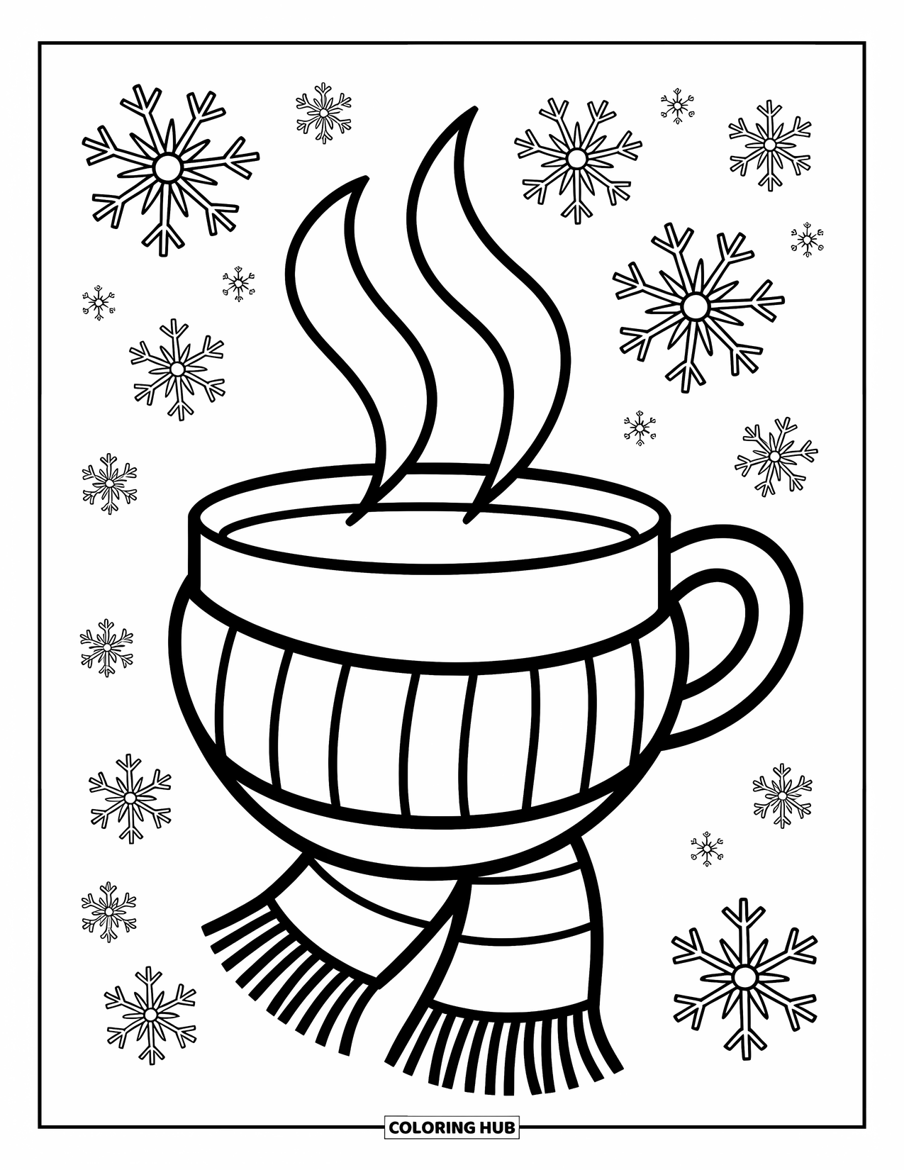 Coloriage d'automne pour enfants : Une écharpe douillette enveloppe une tasse chaude avec de la vapeur qui monte doucement
