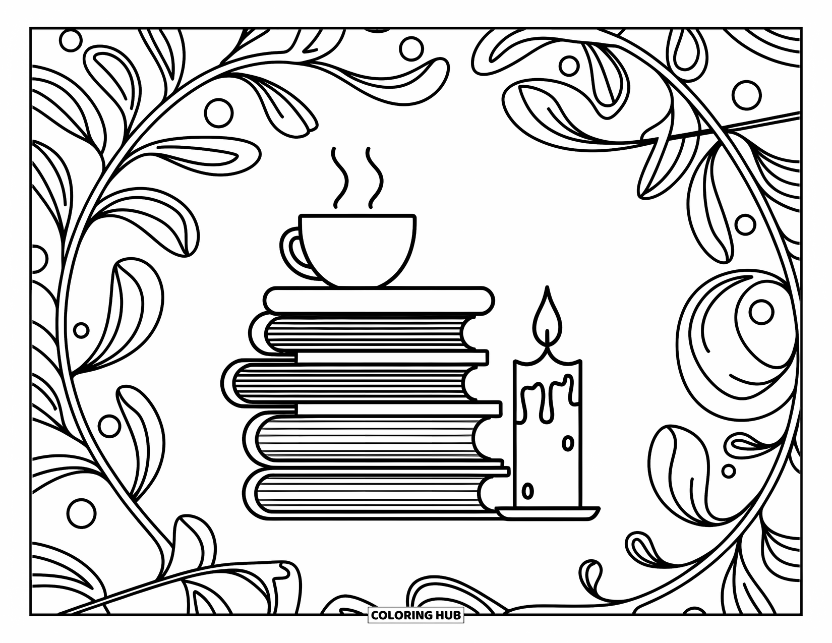 Coloriage d'automne pour enfants : Une pile de livres confortable avec une boisson chaude et une bougie allumée à côté