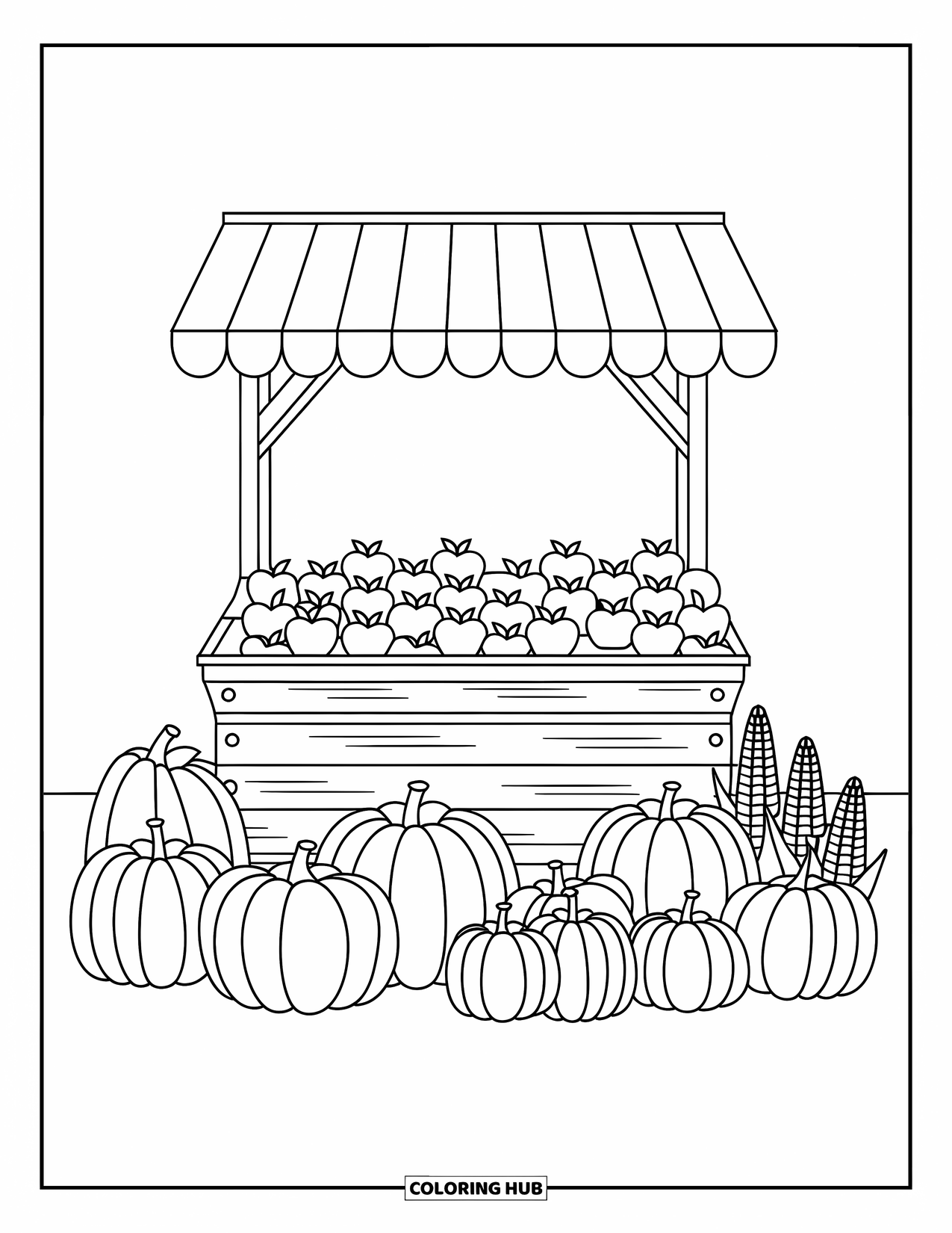 Coloriage d'automne pour enfants : Un stand confortable rempli de pommes, de citrouilles et de maïs