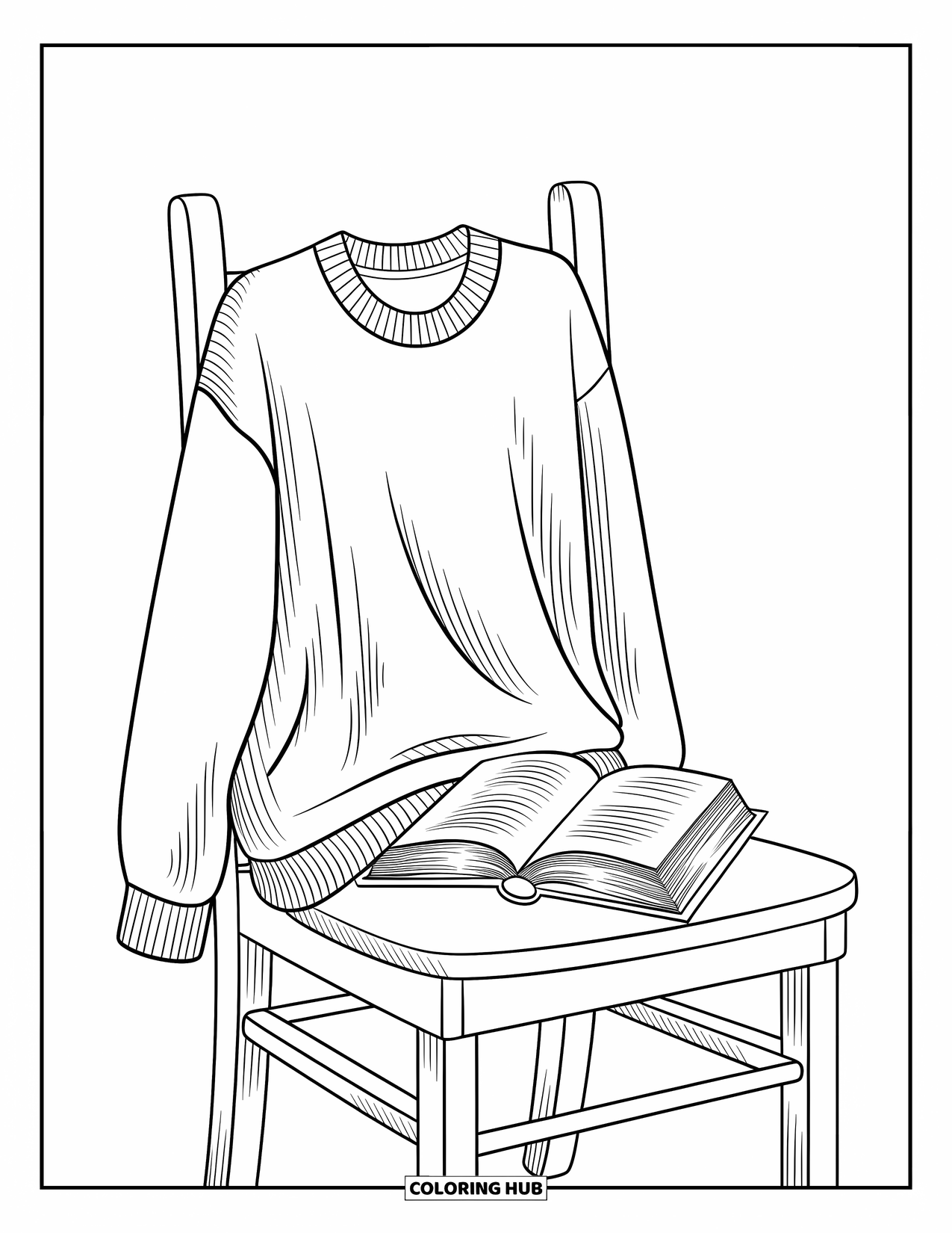 Coloriage d'automne pour enfants : Un pull douillet drapé sur une chaise en bois avec un livre posé à proximité