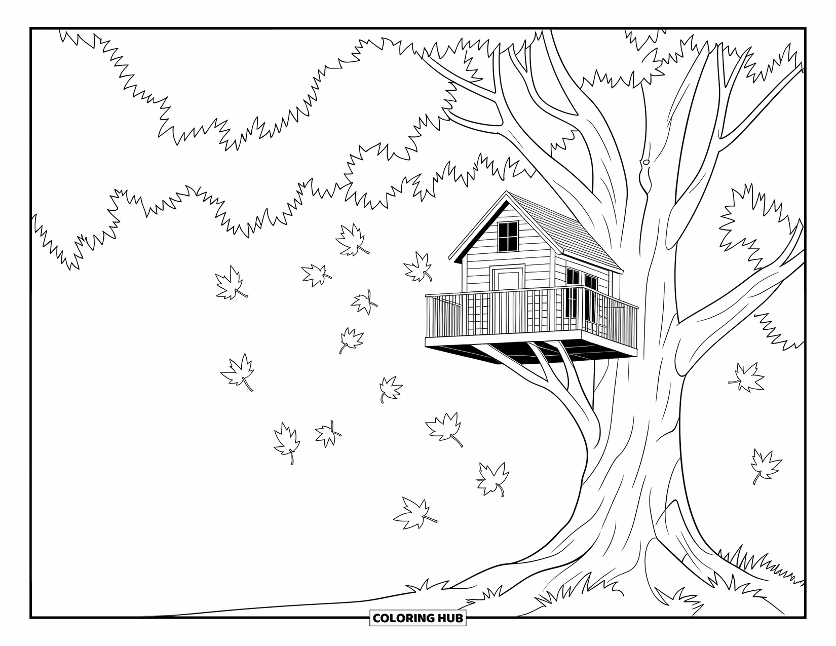 Coloriage d'automne pour enfants : Une cabane dans les arbres douillette avec des ponts de corde et des vignes tourbillonnantes dans la cime des arbres