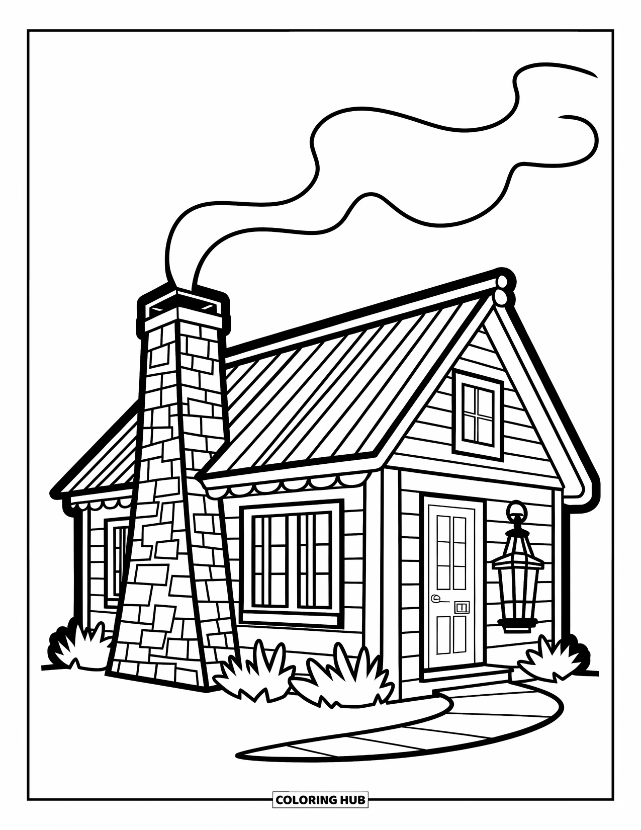 Coloriage d'automne pour enfants : Une cabane en bois douillette avec une cheminée en pierre et une lanterne lumineuse à l'extérieur