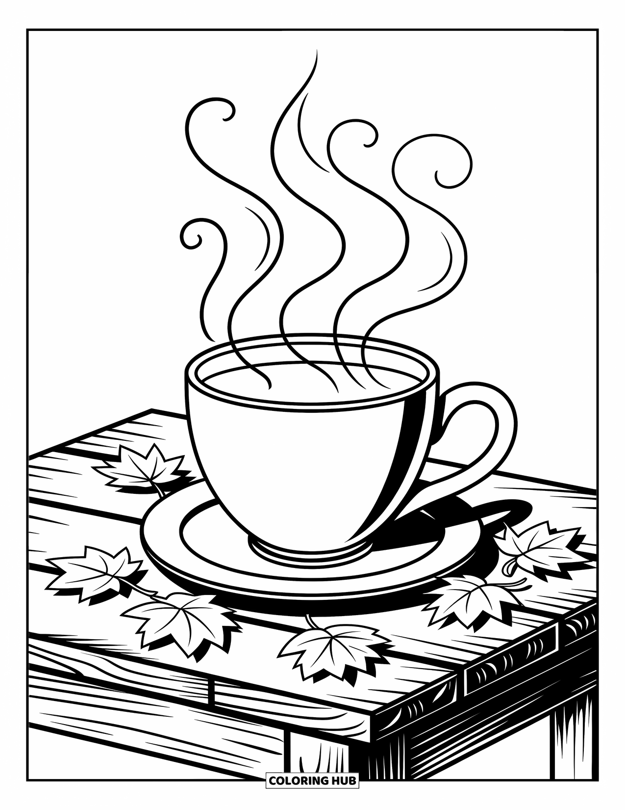 Coloriage d'automne pour enfants : Une tasse de cidre avec de la vapeur qui s'enroule entourée de feuilles sur une table rustique