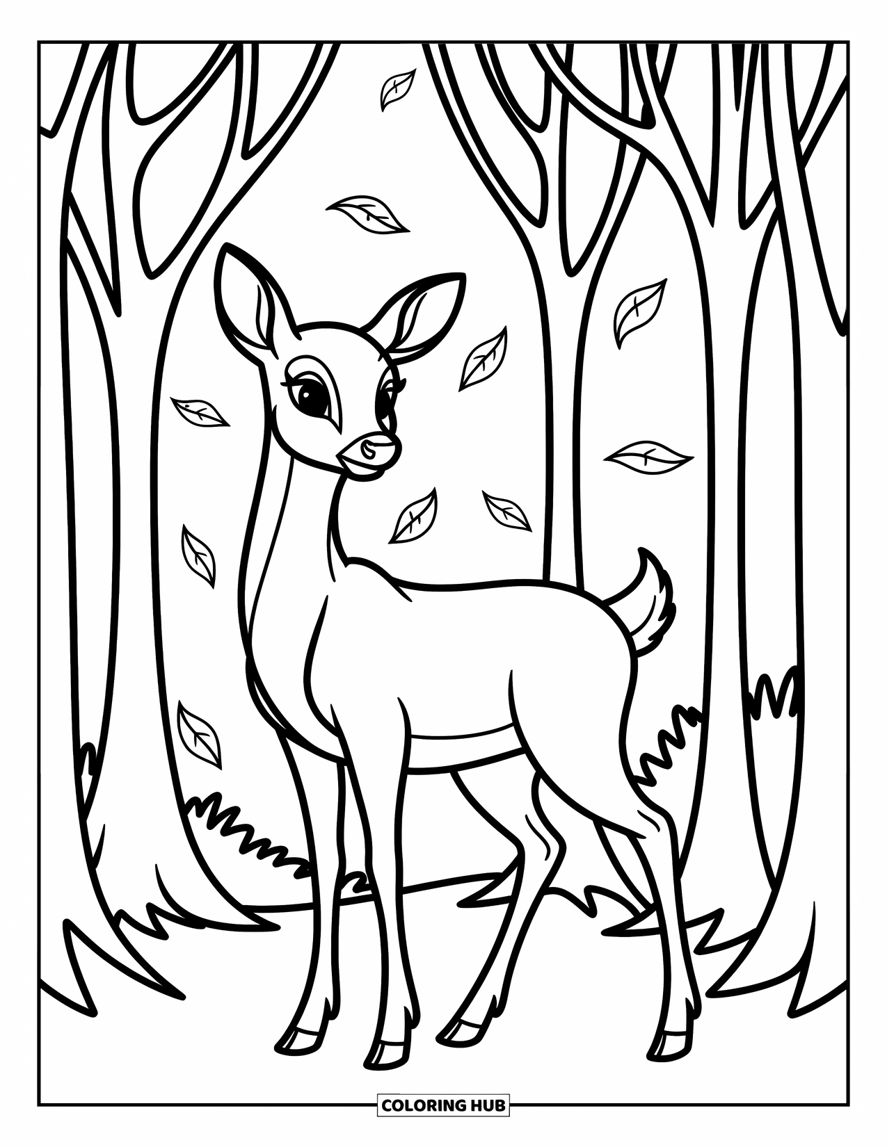 Coloriage d'automne pour enfants : Un cerf se tient gracieusement parmi de grands arbres avec des feuilles tourbillonnantes flottant à proximité