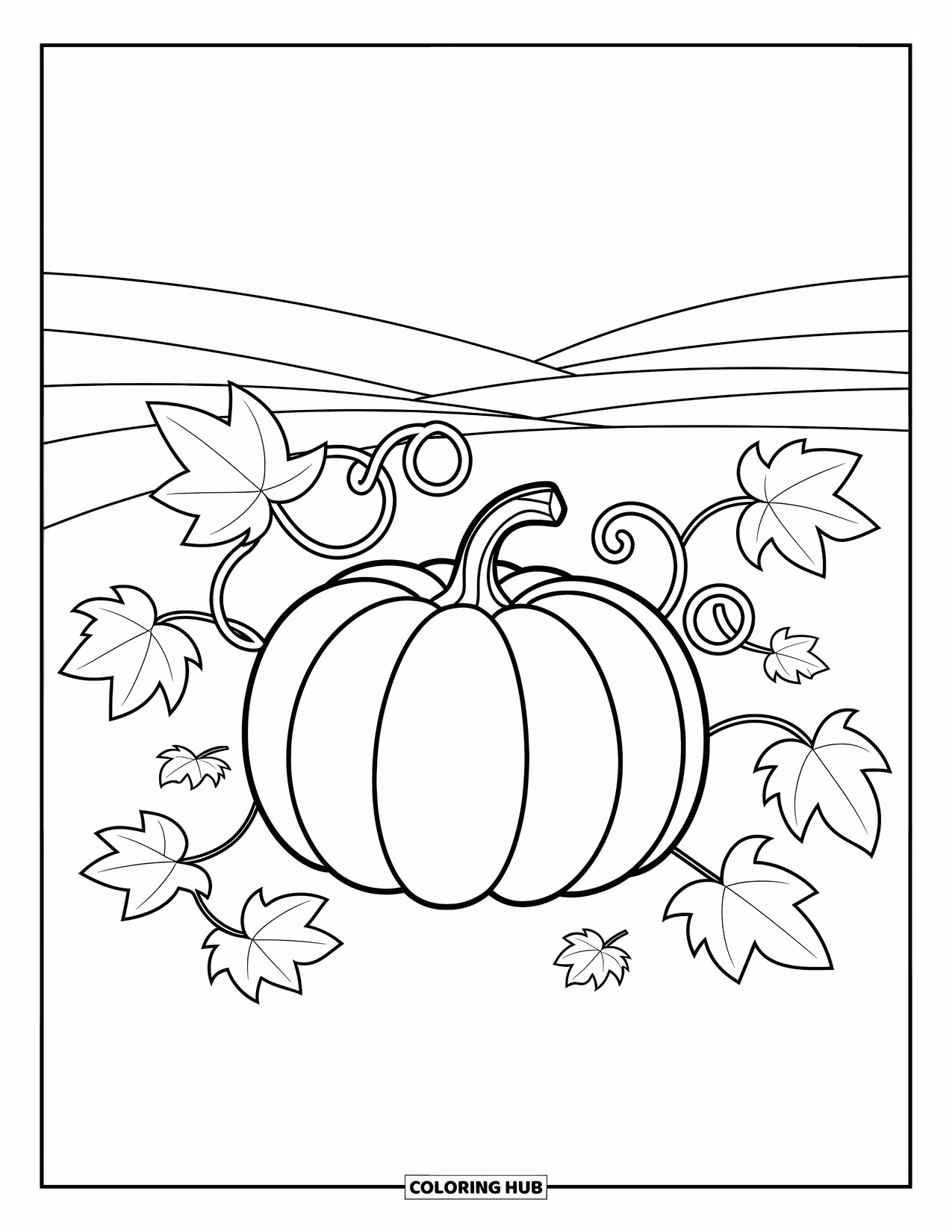 Coloriage d'automne pour enfants : Une citrouille détaillée avec des vignes sinueuses repose dans un champ avec des feuilles éparses