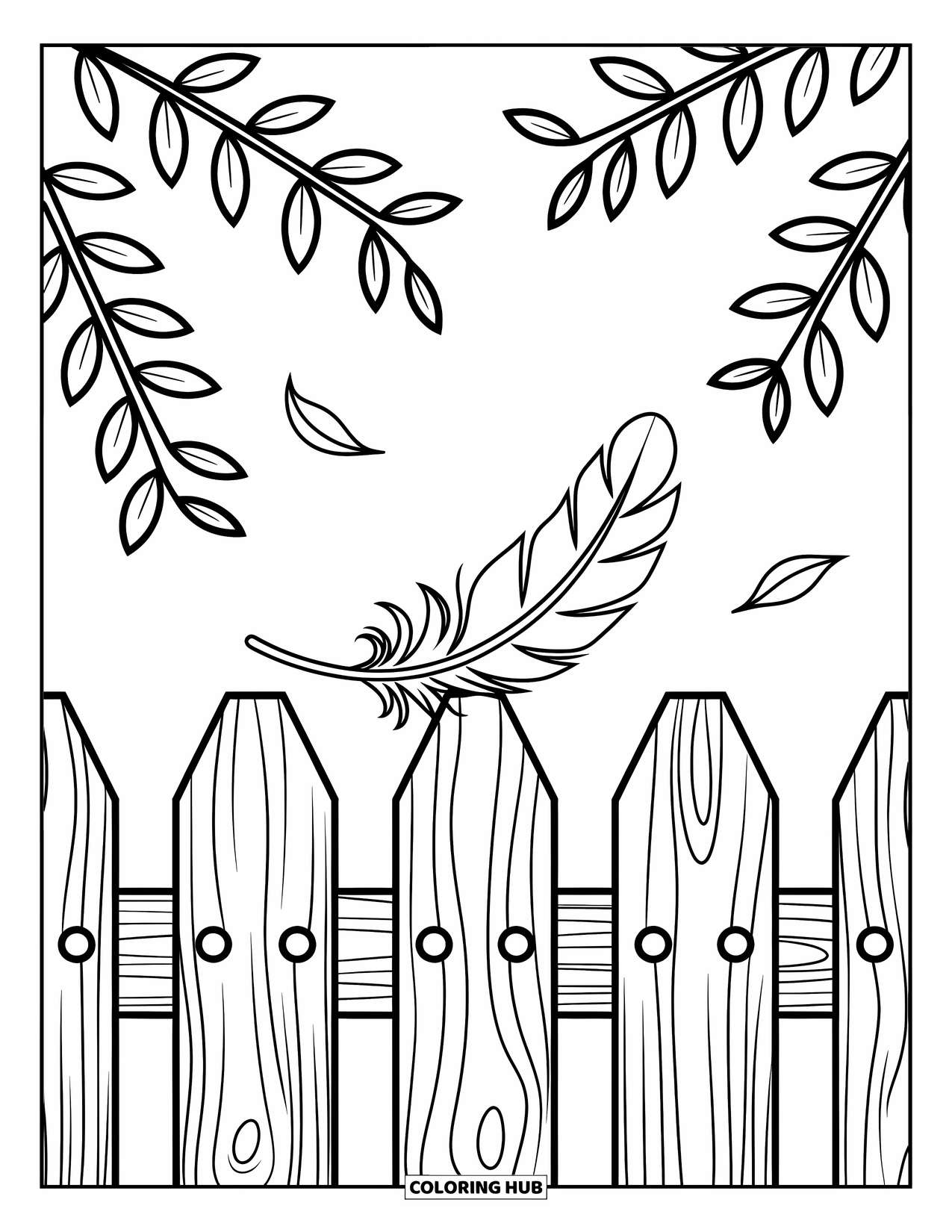 Coloriage d'automne pour enfants : Une plume sur une clôture rustique avec des feuilles tourbillonnantes flottant dans la brise