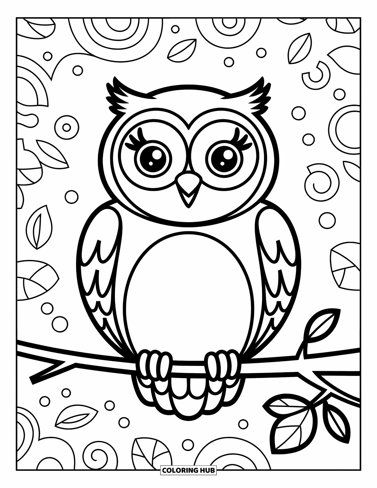 Coloriage d'automne pour enfants : Un hibou duveteux est assis sur une branche avec une feuille amusante à côté