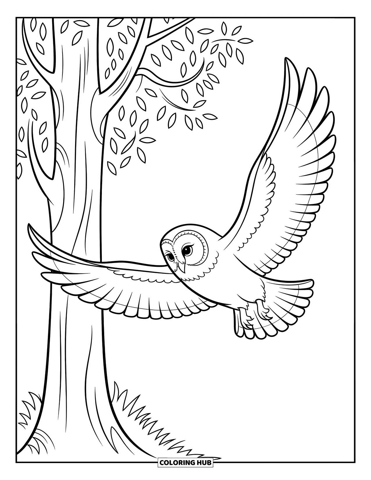 Coloriage d'automne pour enfants : Un hibou volant avec des plumes détaillées et des branches amusantes autour