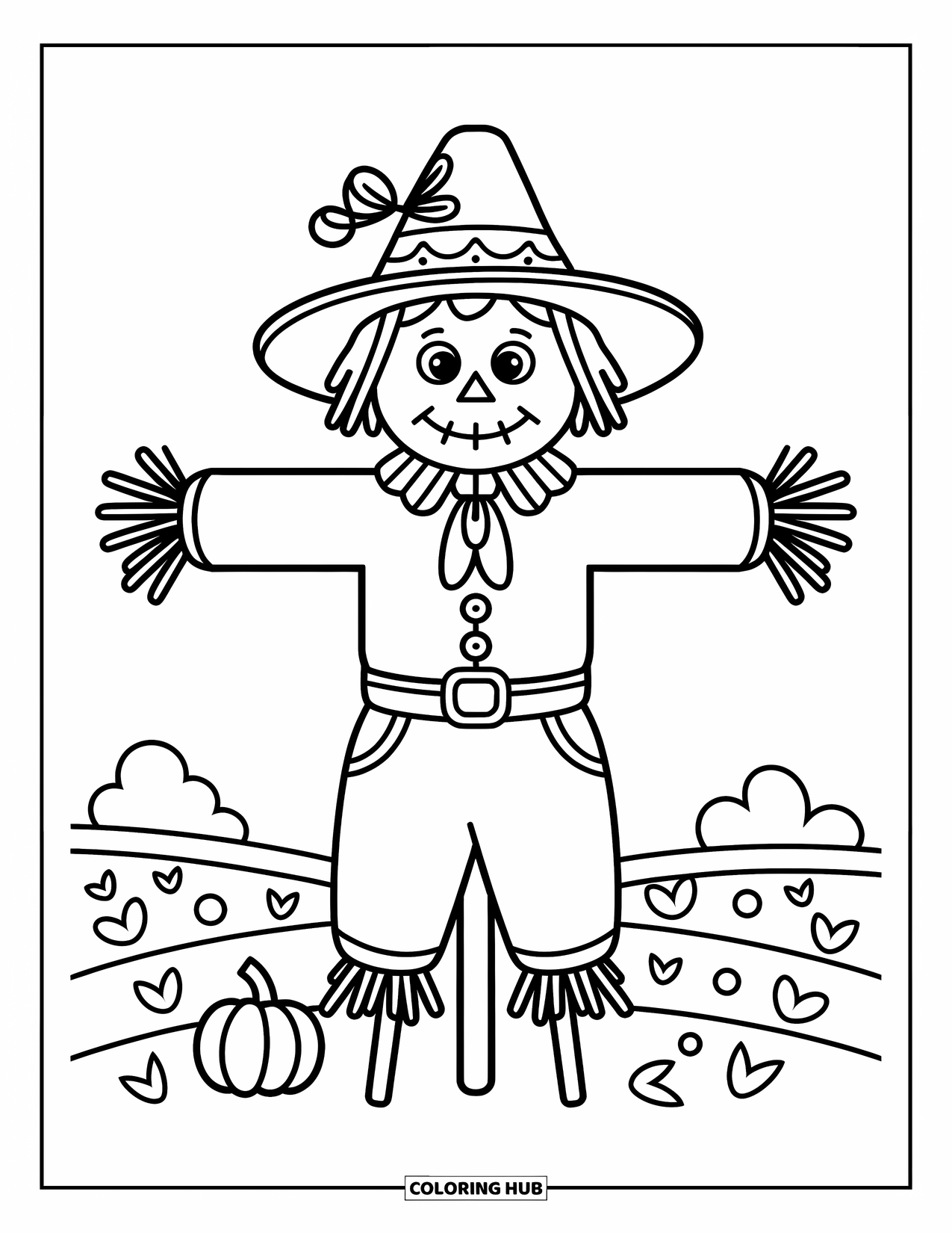 Coloriage d'automne pour enfants : Un épouvantail amical se dresse dans un champ avec une citrouille à ses pieds