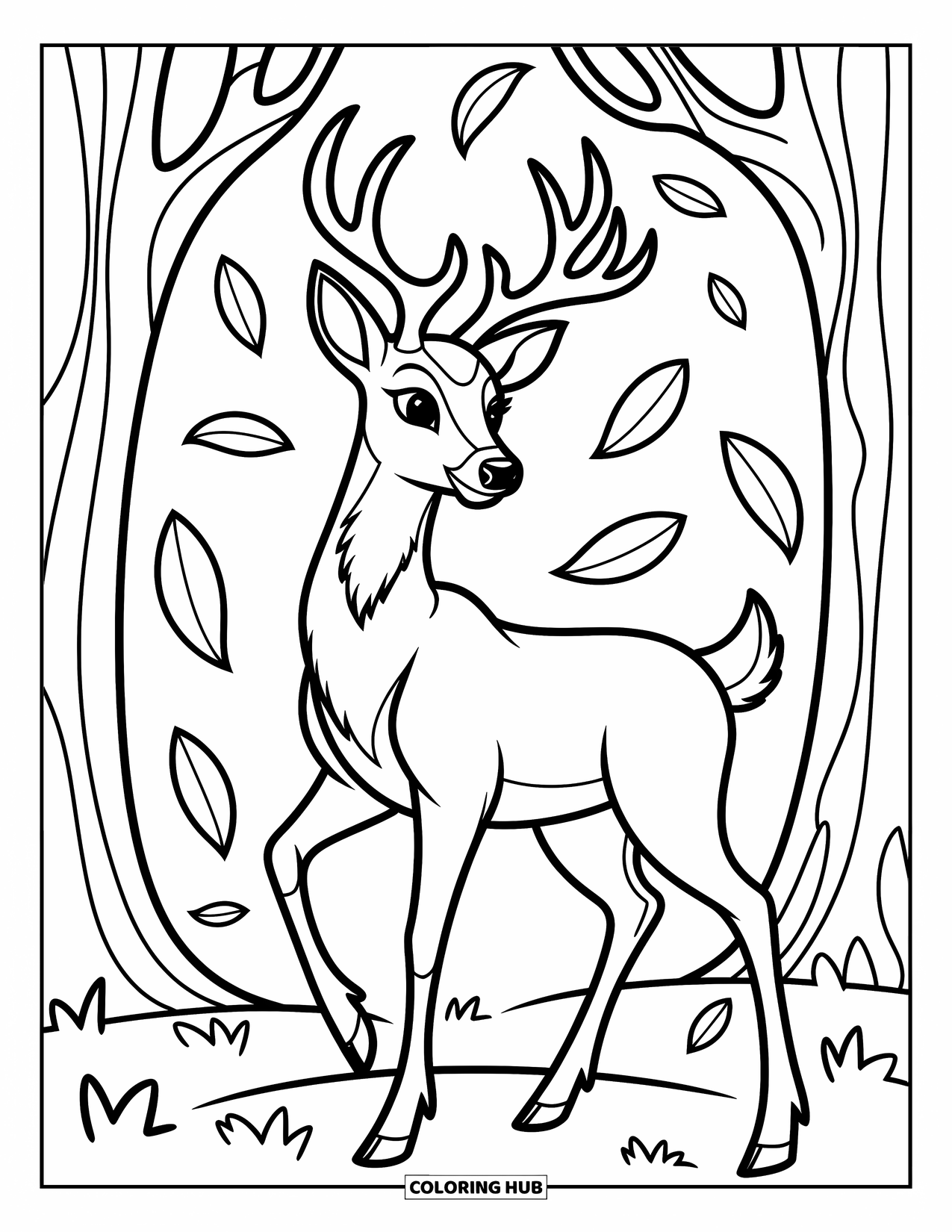 Coloriage d'automne pour enfants : Un cerf gracieux se tient sous de grands arbres avec des feuilles amusantes qui l'entourent