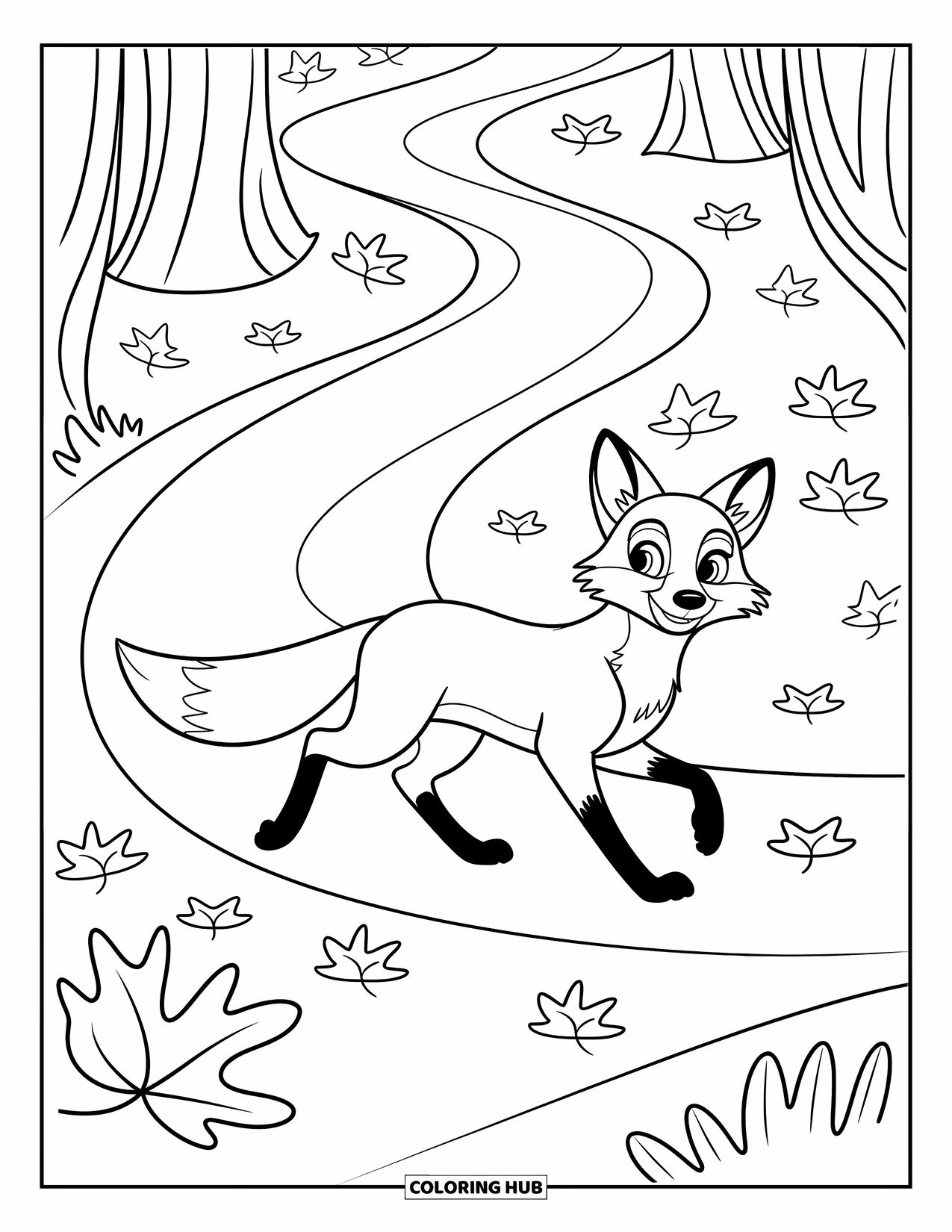 Coloriage d'automne pour enfants : Un renard gracieux trotte le long d'un chemin forestier avec des feuilles tourbillonnantes sous ses pattes