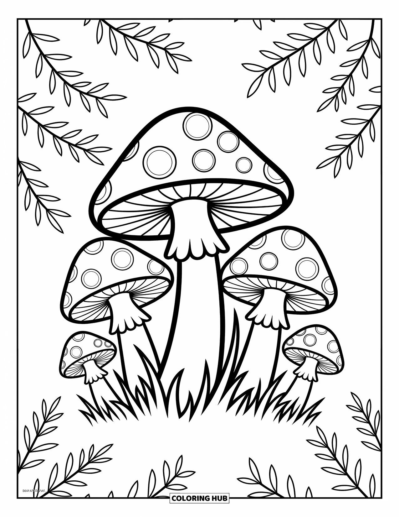 Coloriage d'automne pour enfants : Un groupe de champignons poussant dans une clairière ensoleillée