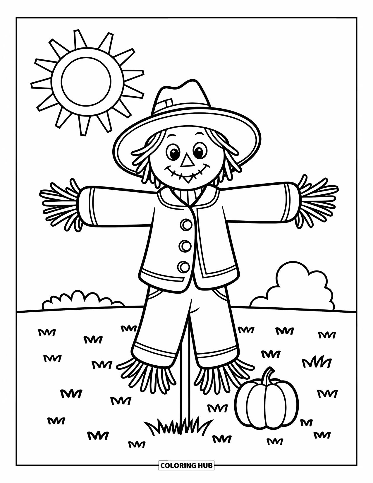 Coloriage d'automne pour enfants : Un épouvantail heureux se dresse dans un champ avec une citrouille en dessous