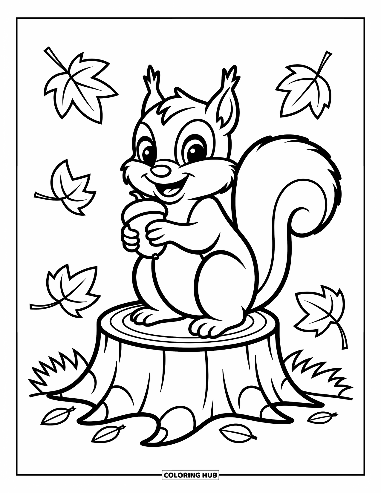 Coloriage d'automne pour enfants : Un écureuil heureux tenant un gland est assis sur une souche d'arbre avec des feuilles