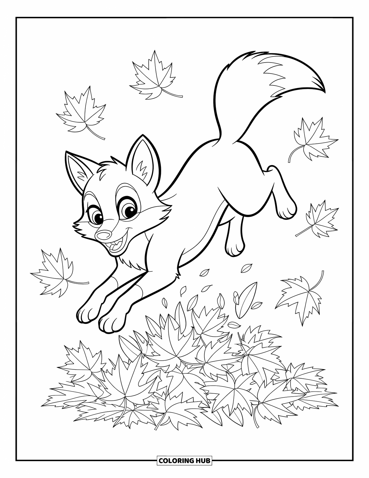 Coloriage d'automne pour enfants : Un renard joyeux saute dans des feuilles croustillantes avec des brindilles éparpillées autour