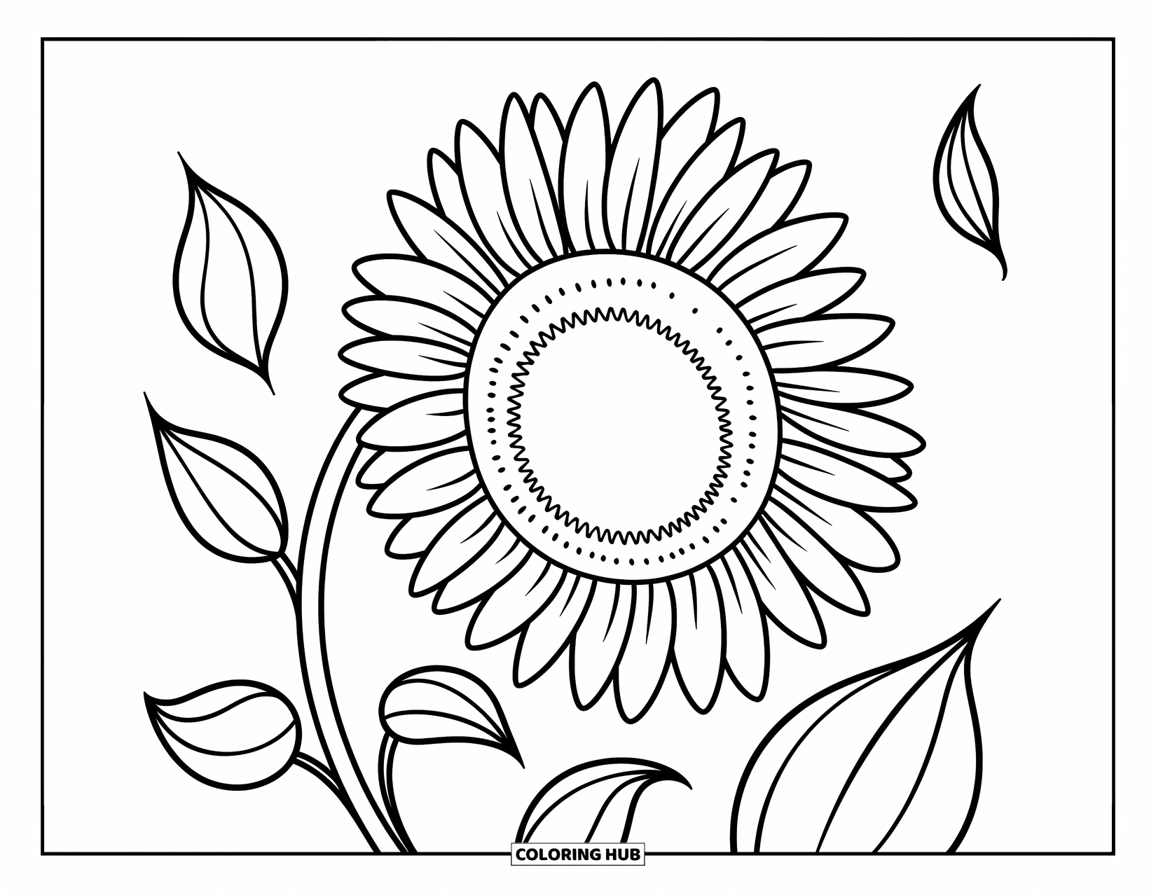 Coloriage d'automne pour enfants : Un grand tournesol se penche doucement avec des feuilles dérivant autour