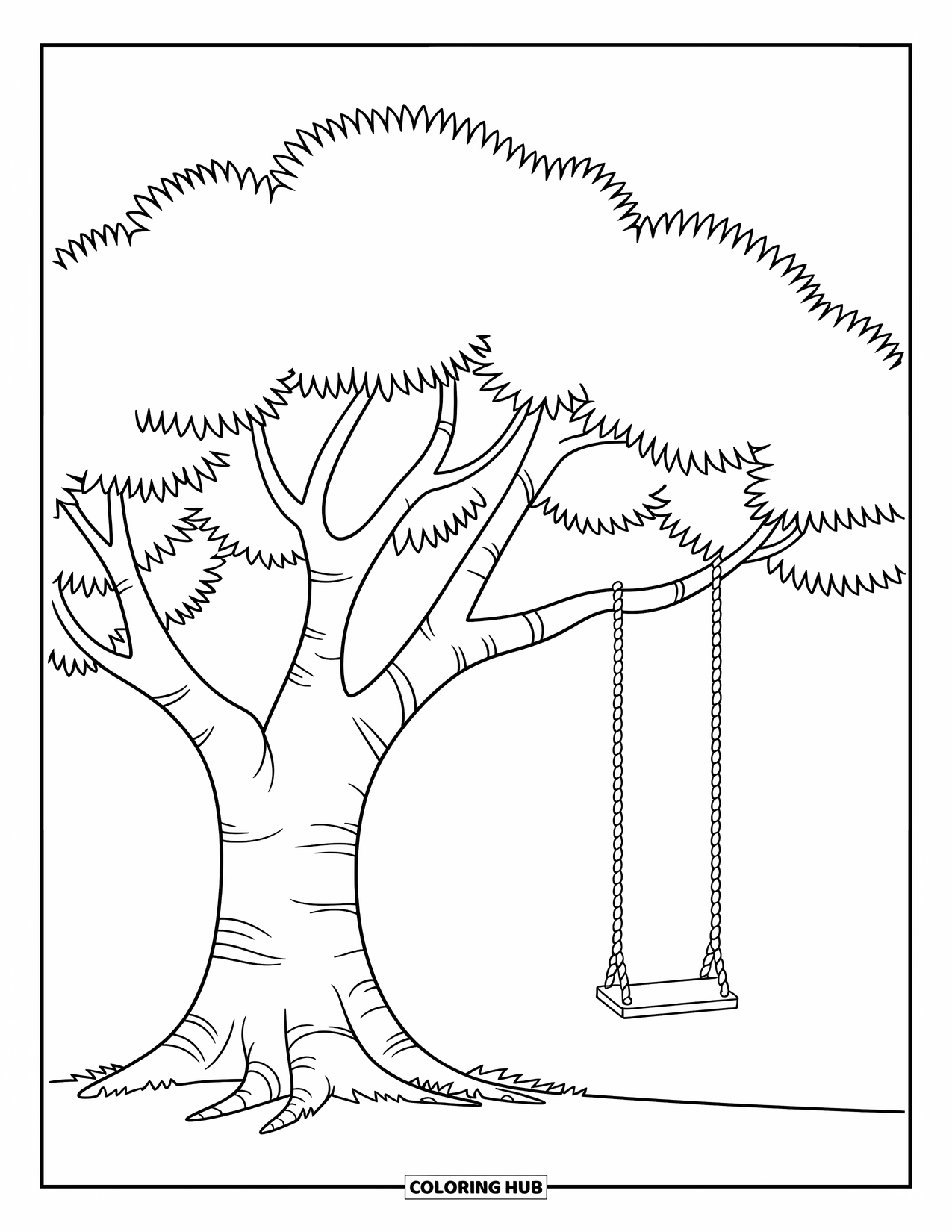 Coloriage d'automne pour enfants : Un grand arbre avec de larges feuilles et une simple balançoire suspendue