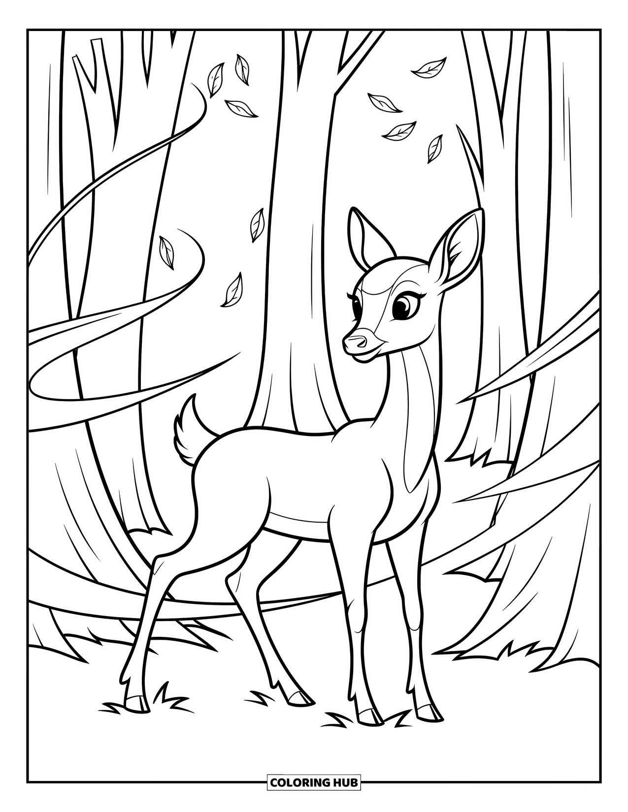 Coloriage d'automne pour enfants : Un cerf majestueux parmi des arbres imposants avec des feuilles dansant dans l'air