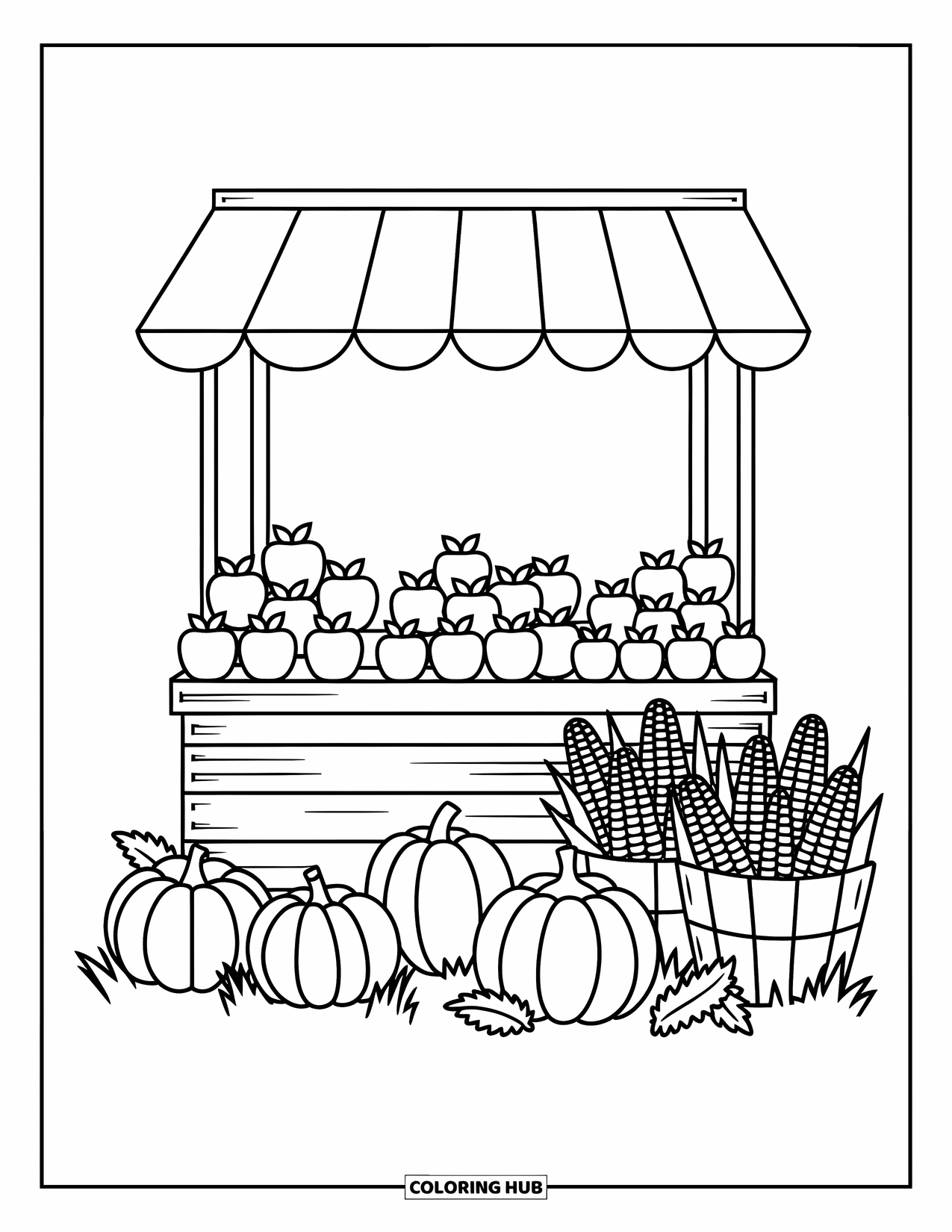 Coloriage d'automne pour enfants : Un stand de marché avec des citrouilles, des pommes et du maïs exposés