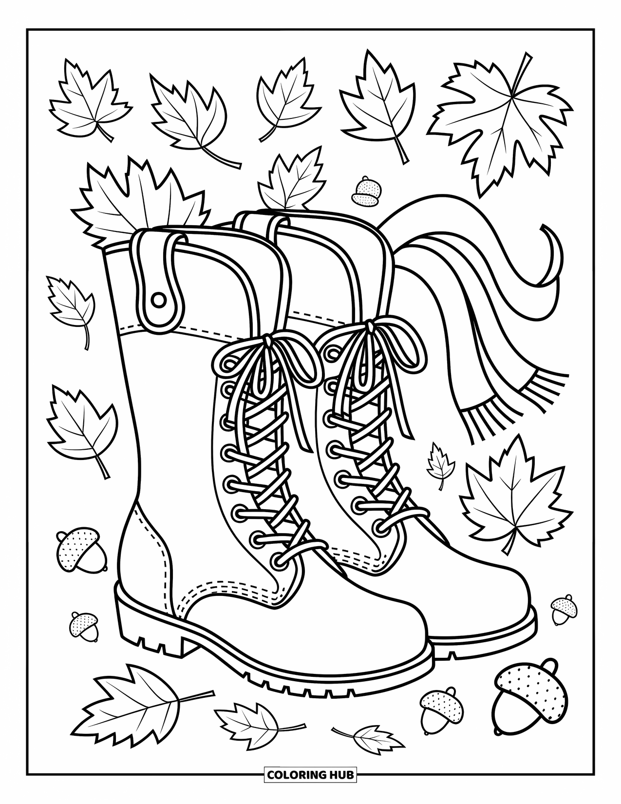 Coloriage d'automne pour enfants : Une paire de bottes entourée de feuilles tombées avec une écharpe drapée à proximité