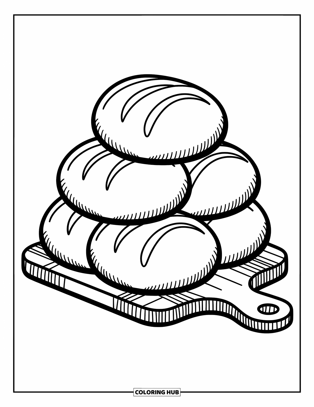 Coloriage d'automne pour enfants : Une pile de petits pains repose sur une planche à découper en bois avec des textures amusantes