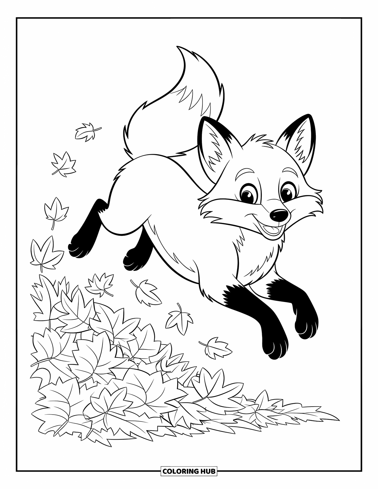 Coloriage d'automne pour enfants : Un renard enjoué saute dans un tas de feuilles d'automne tourbillonnantes