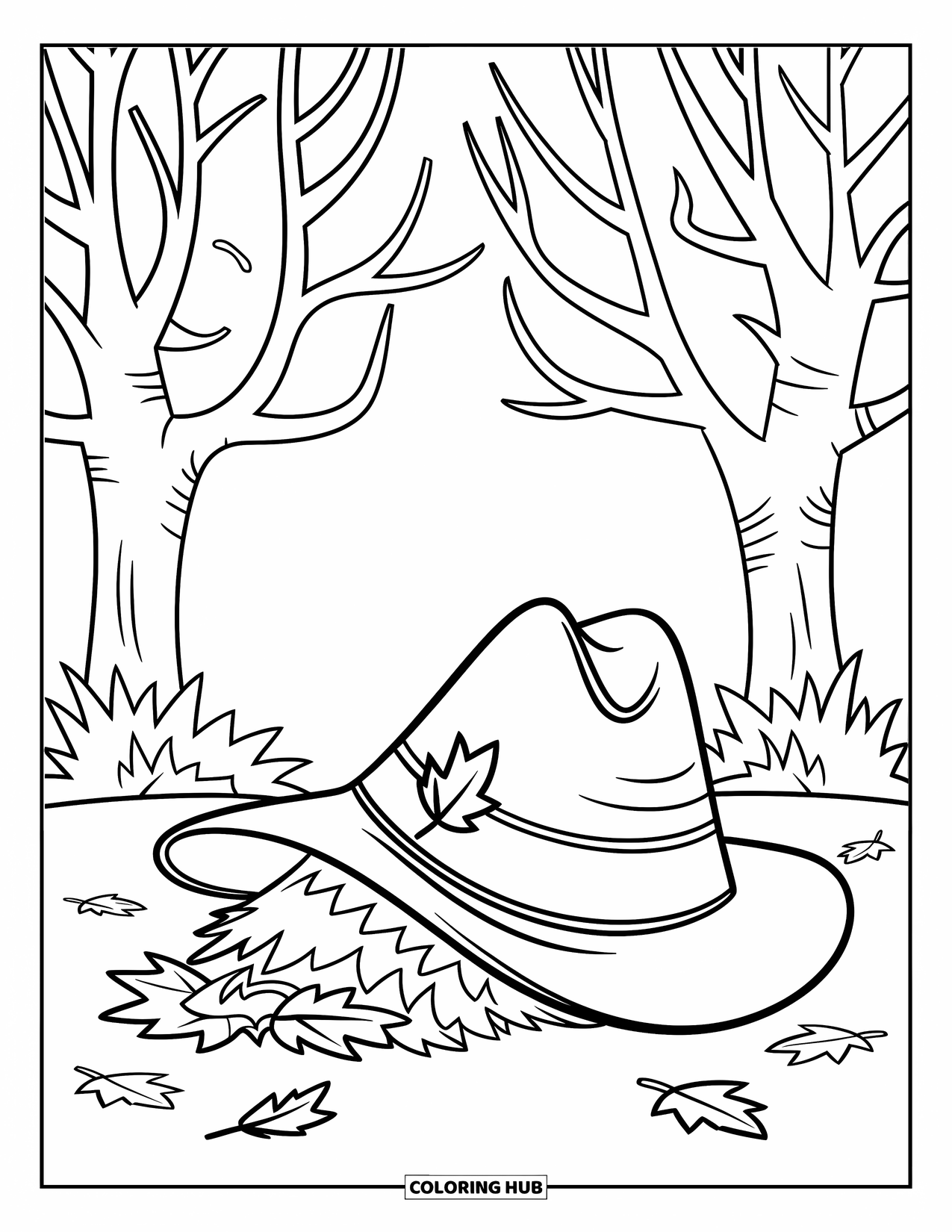 Coloriage d'automne pour enfants : Un chapeau et des feuilles amusants reposant sur le sol dans une brise