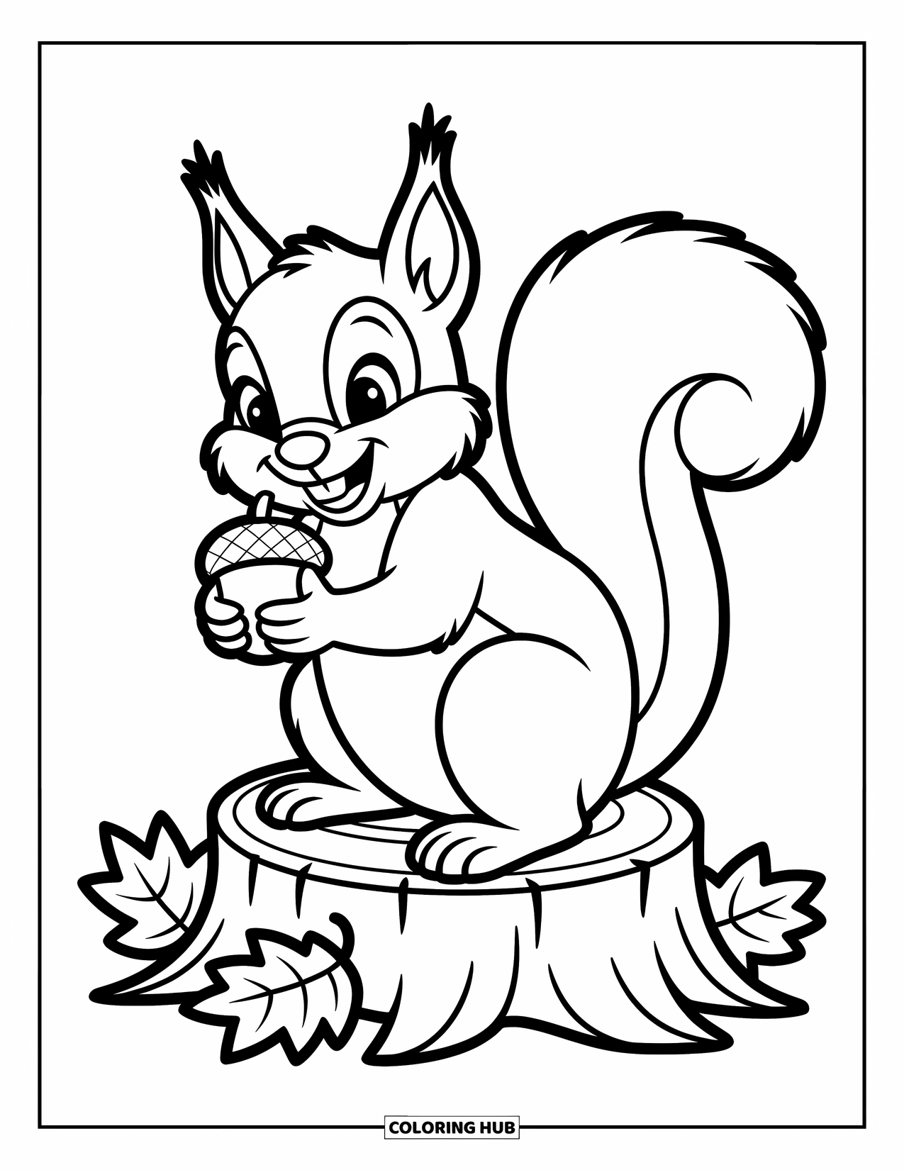 Coloriage d'automne pour enfants : Un écureuil enjoué serre un gland dans ses bras, perché sur une souche avec des feuilles