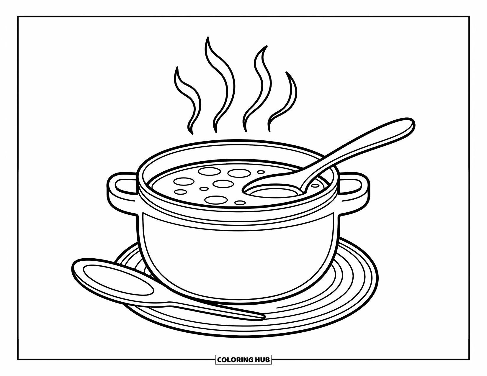 Coloriage d'automne pour enfants : Une marmite de soupe est chaude et invitante avec une cuillère en bois
