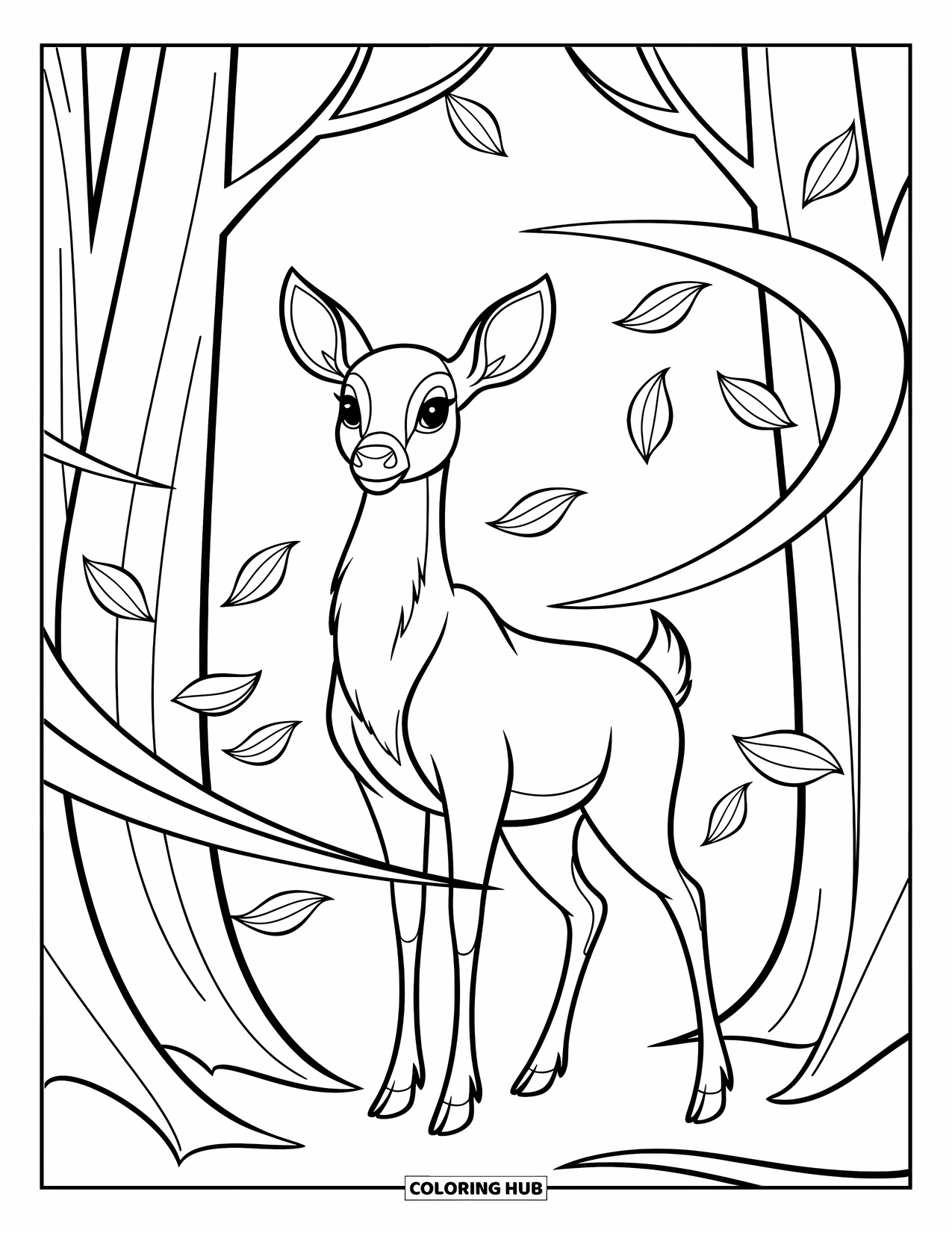 Coloriage d'automne pour enfants : Un cerf fier se tient parmi les arbres avec des feuilles tourbillonnantes ajoutant du mouvement à la scène