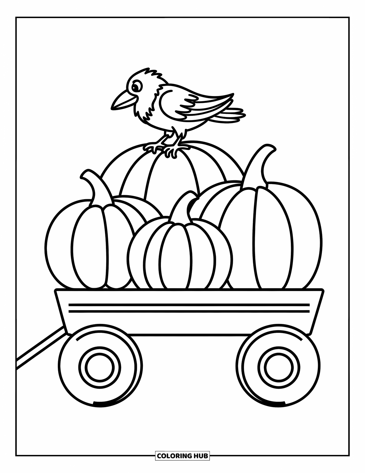 Coloriage d'automne pour enfants : Un chariot rempli de citrouilles avec un corbeau curieux perché sur le dessus