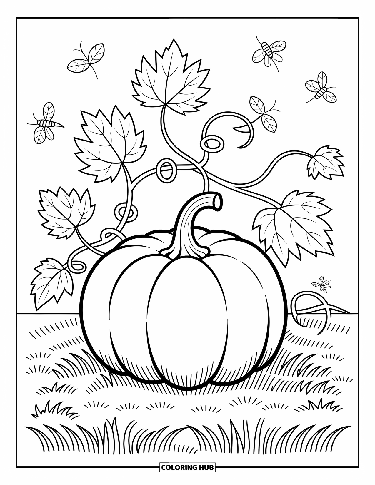 Coloriage d'automne pour enfants : Une citrouille sur sa vigne repose dans un champ avec des feuilles bouclées et des détails amusants