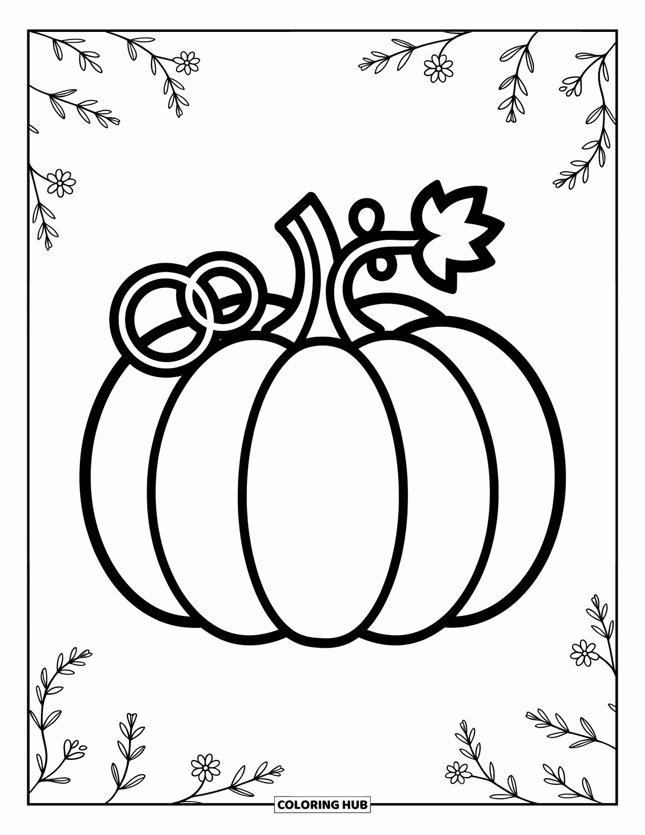 Coloriage d'automne pour enfants : Une citrouille avec une vigne et une feuille, pleine de charme ludique